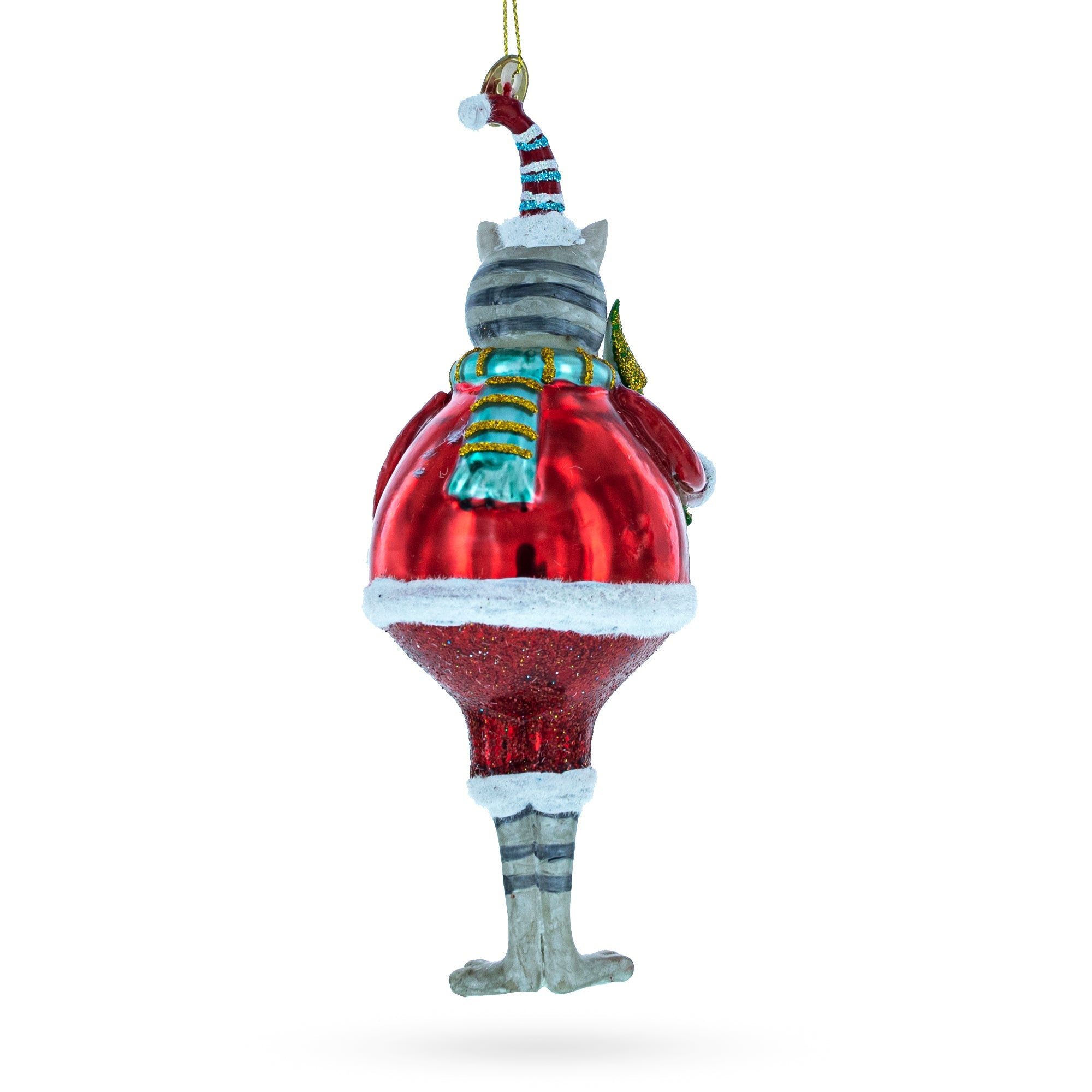 Cat in Fur Hat with Tree Glass Christmas Ornament