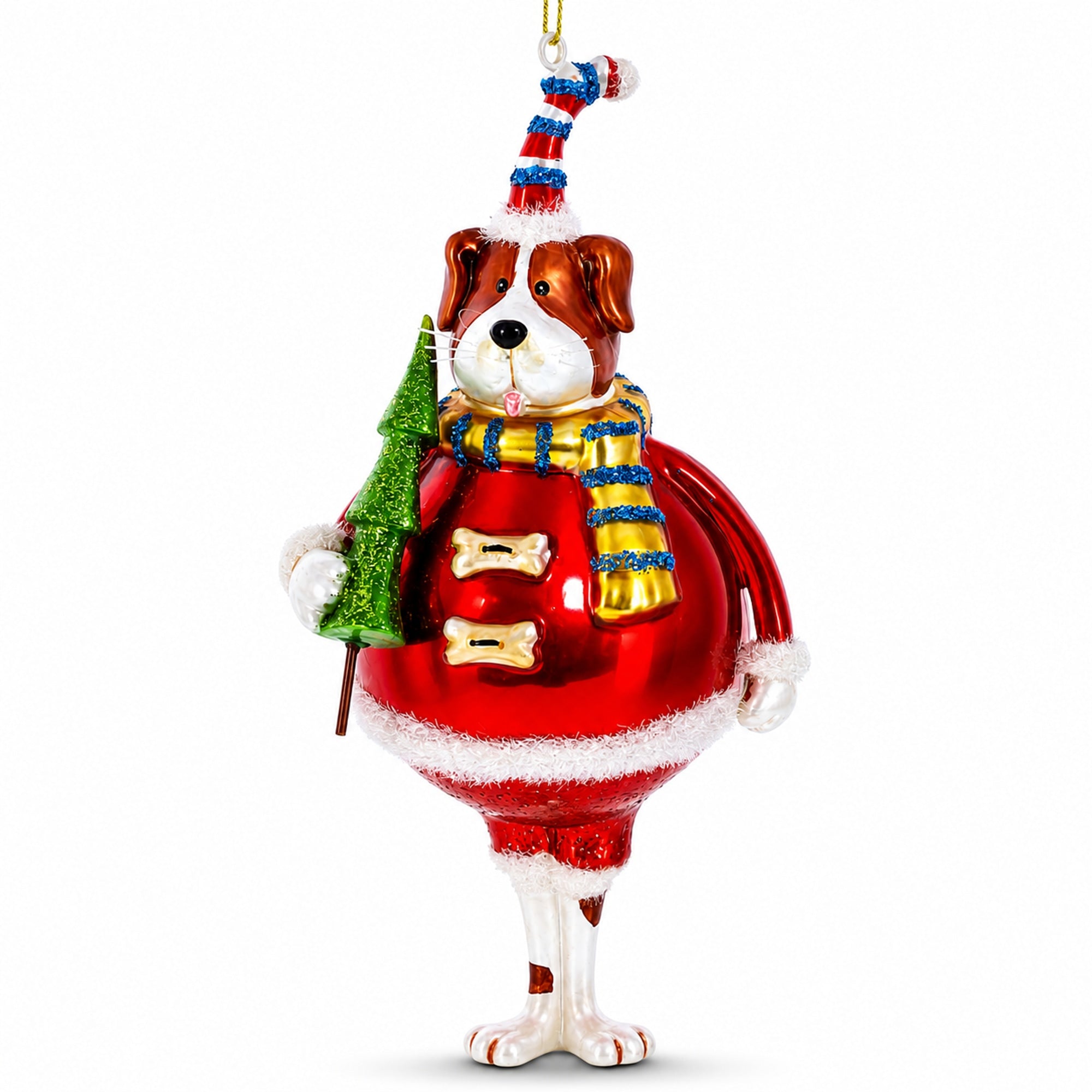 Dog in Fur Hat Holding Tree Glass Christmas Ornament