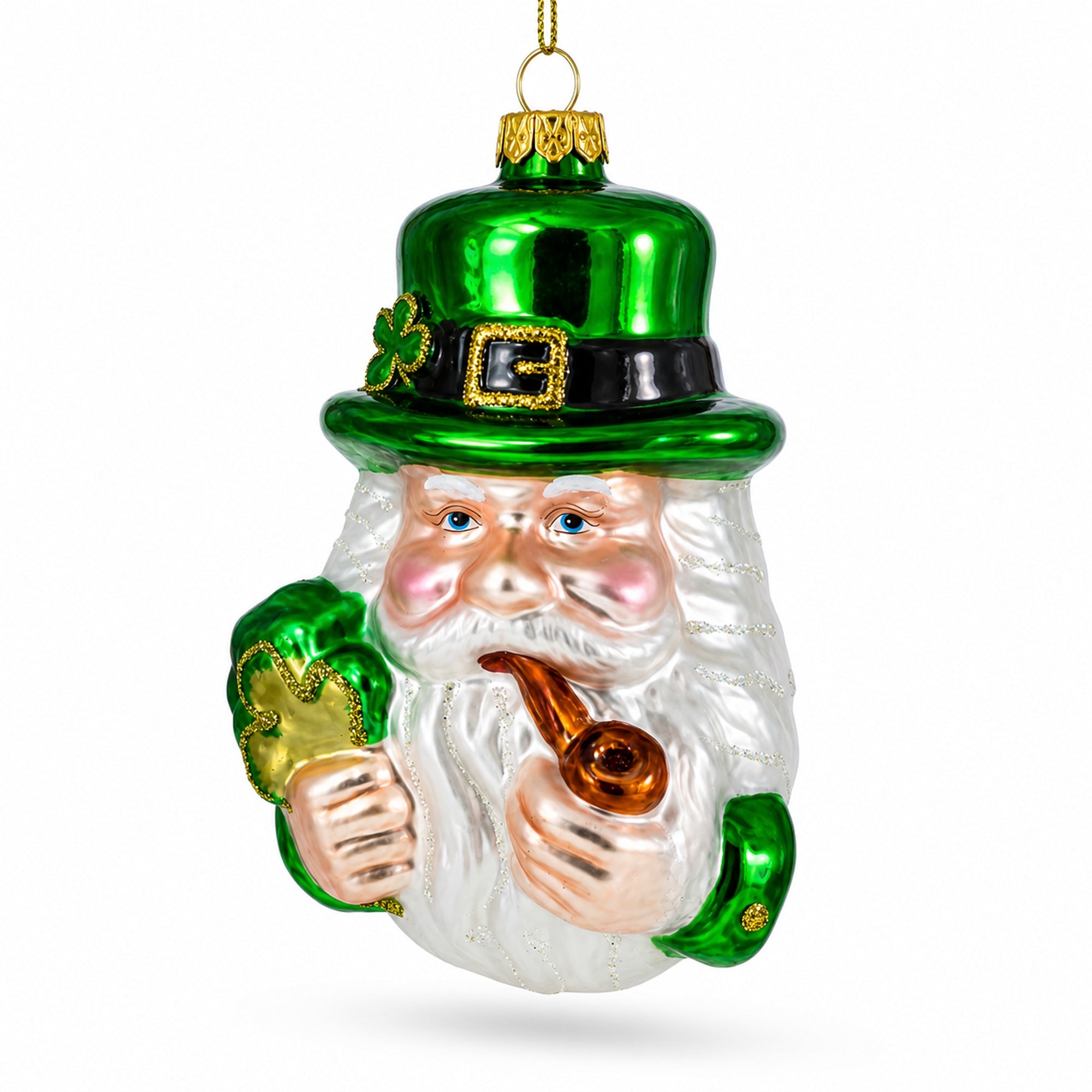 Irish Santa with Shamrock and Pipe Glass Christmas Ornament