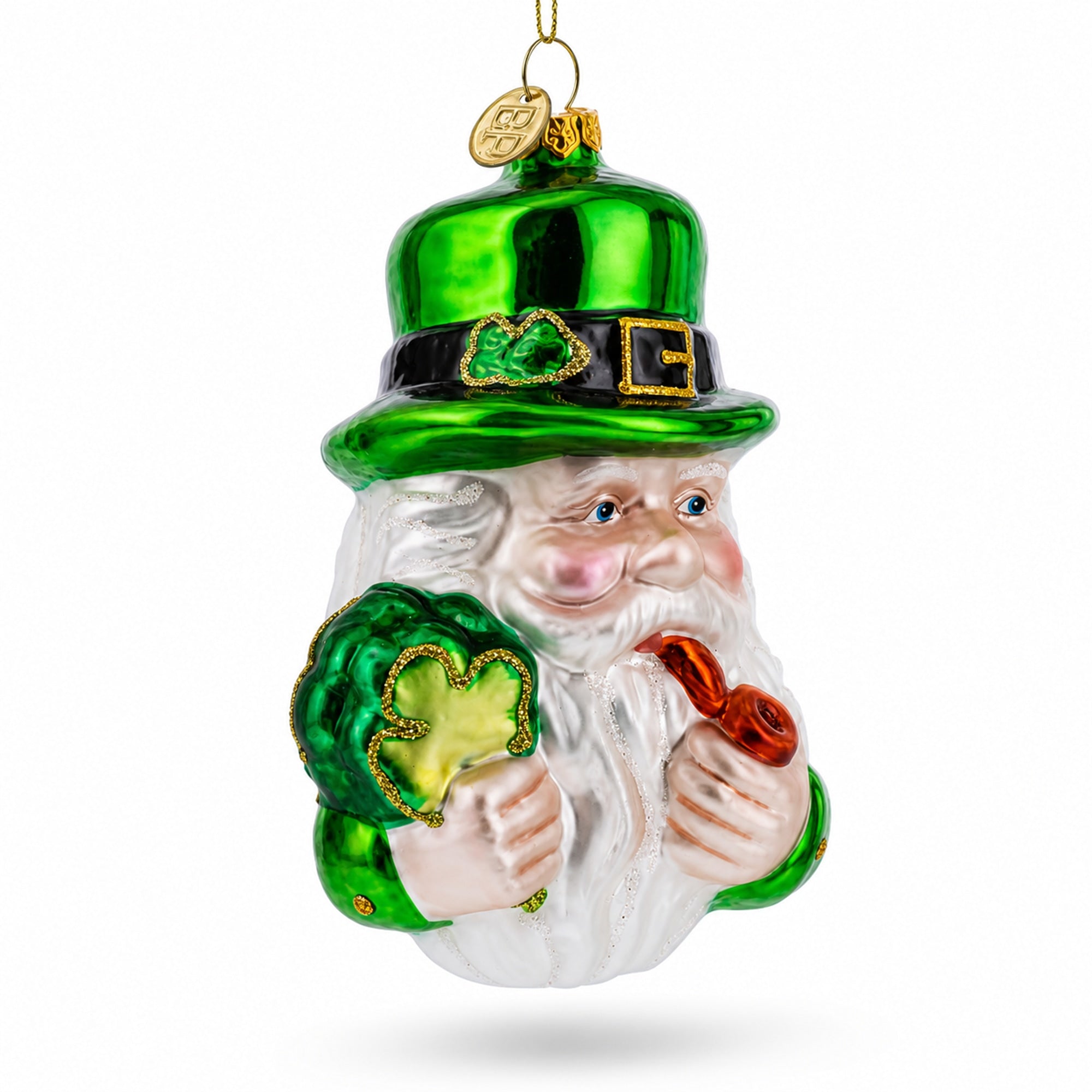 Irish Santa with Shamrock and Pipe Glass Christmas Ornament