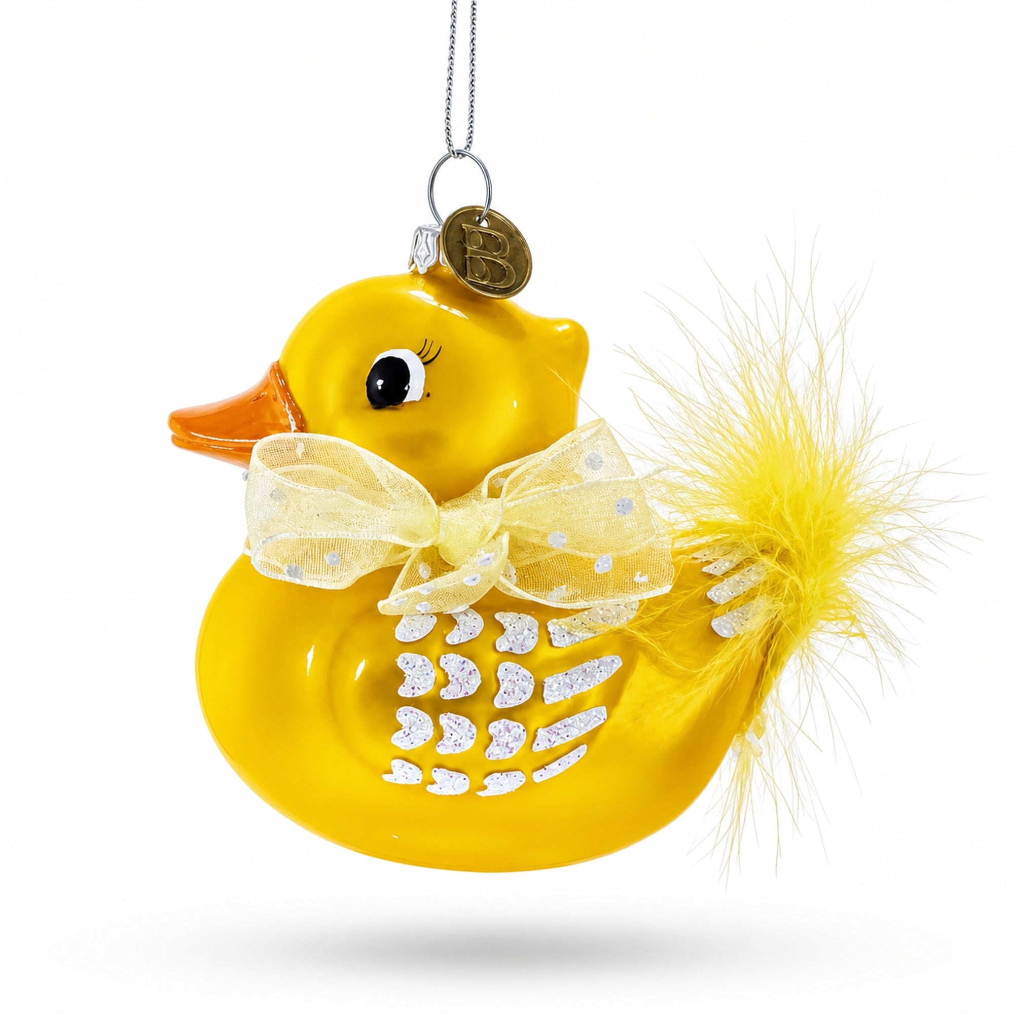 Yellow Duck with Bow Glass Christmas Ornament