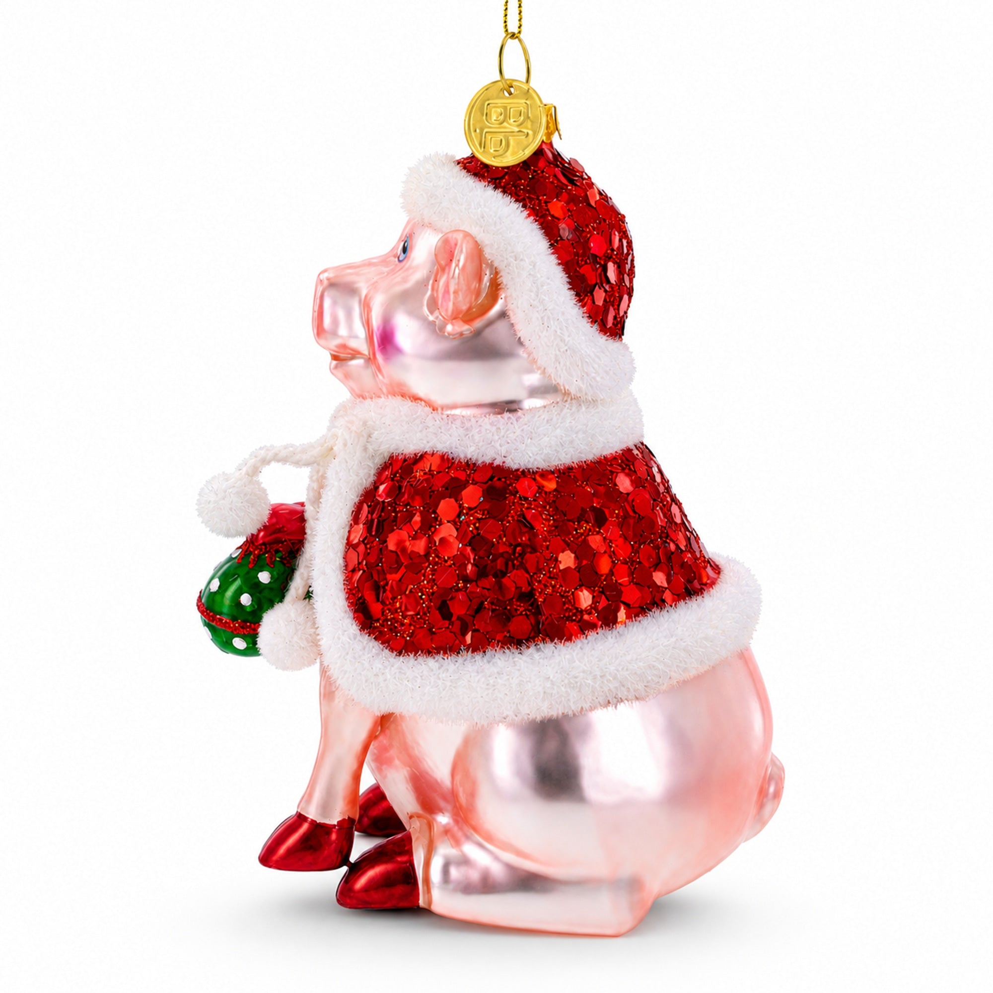 Pig in Santa Outfit Glass Christmas Ornament