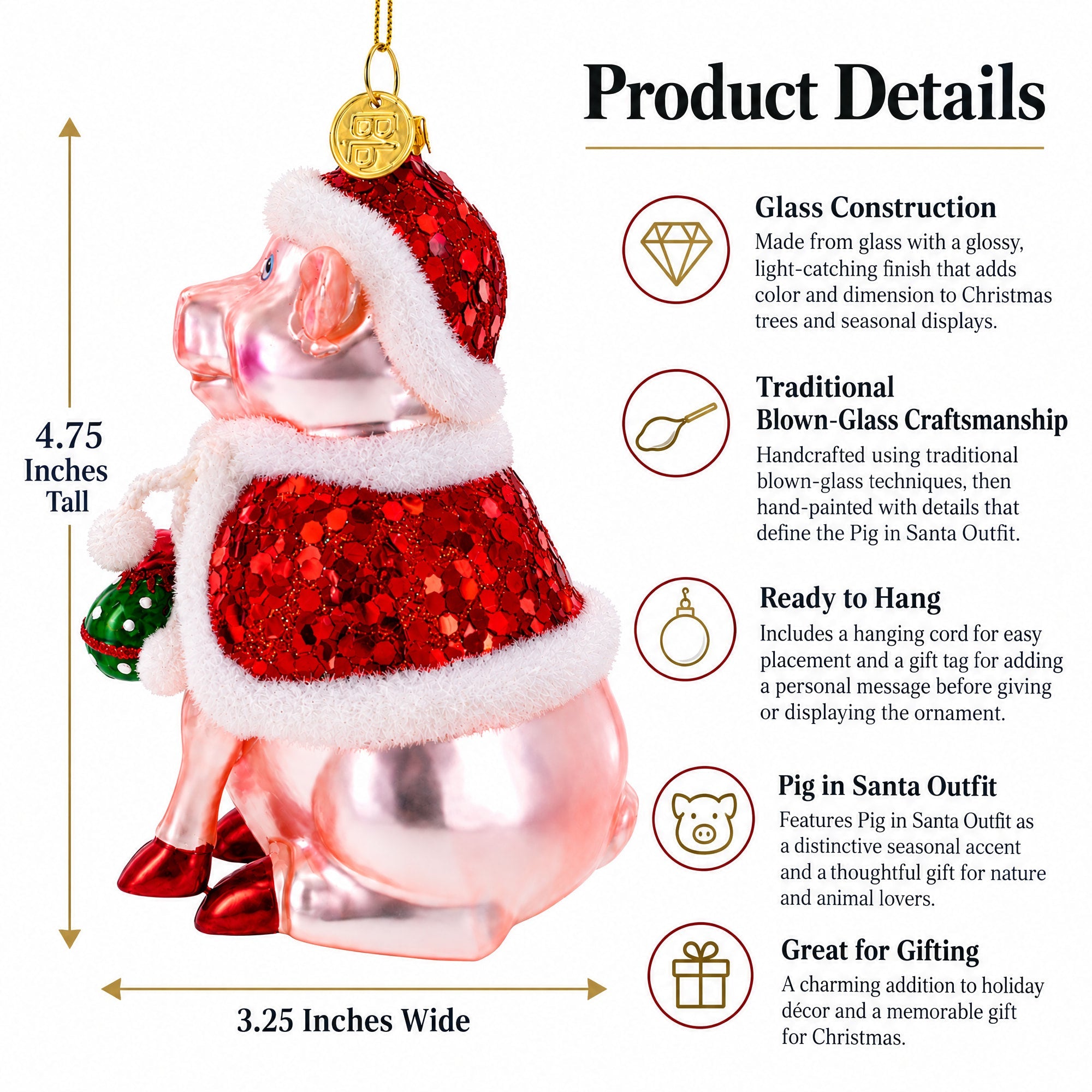 Pig in Santa Outfit Glass Christmas Ornament