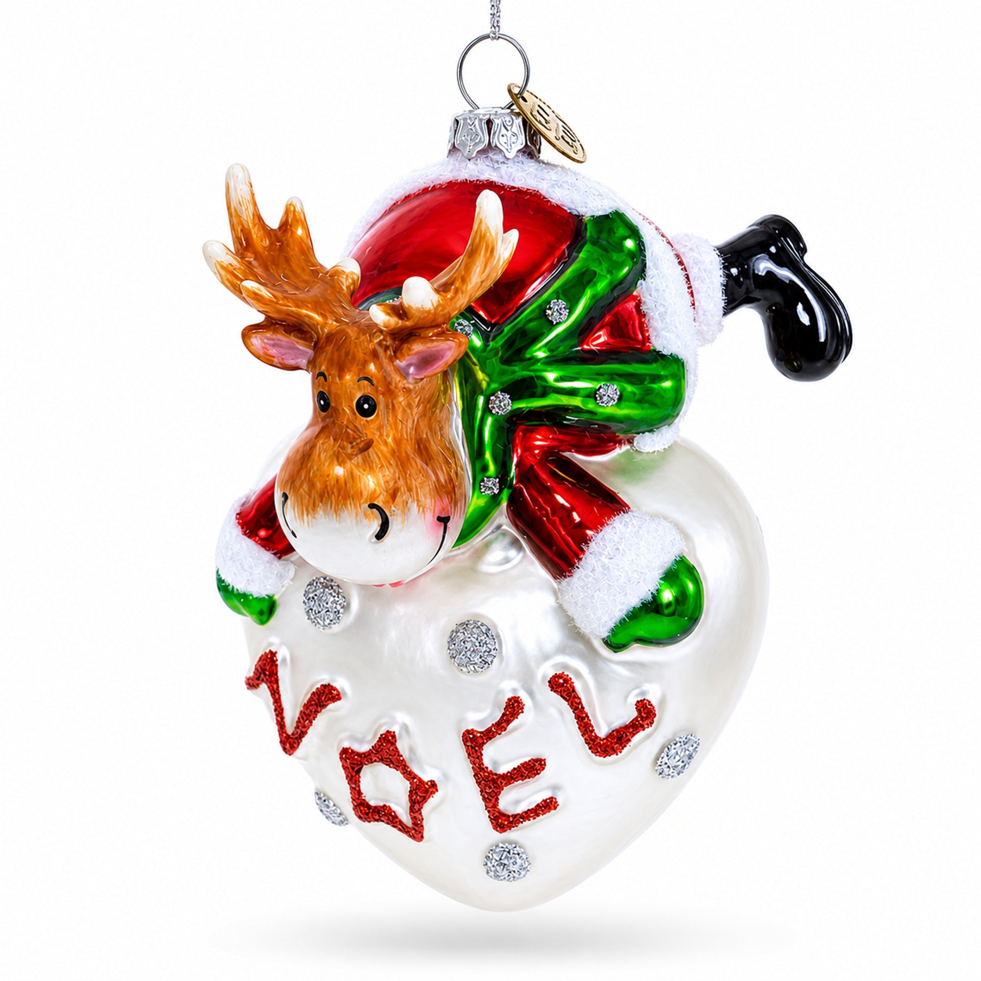 Noel Reindeer Heart Glass Christmas Ornament