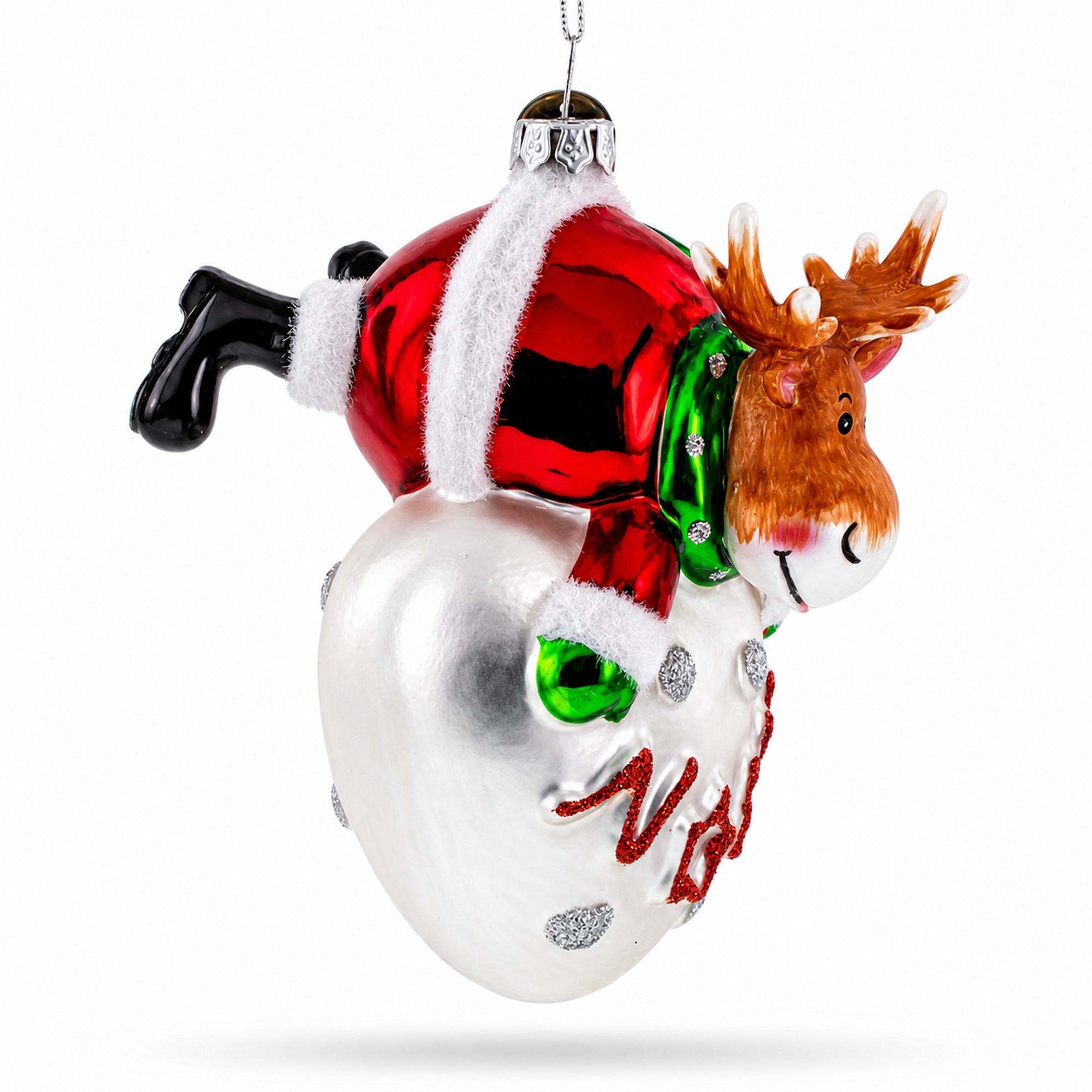 Noel Reindeer Heart Glass Christmas Ornament