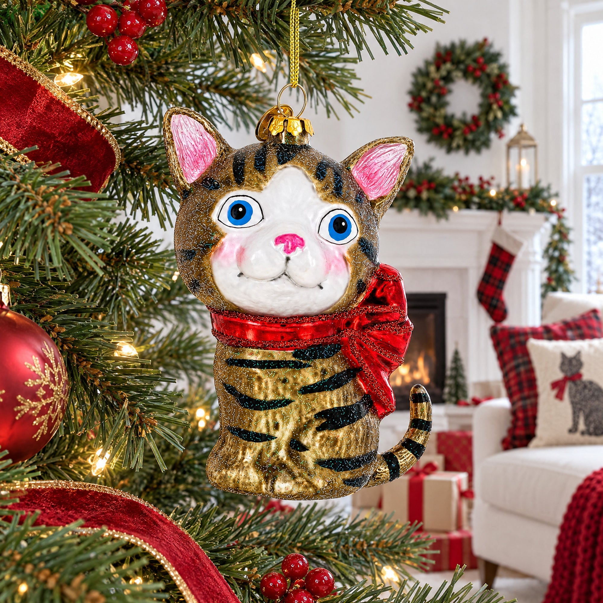 Blue-Eyed Cat Glass Christmas Ornament