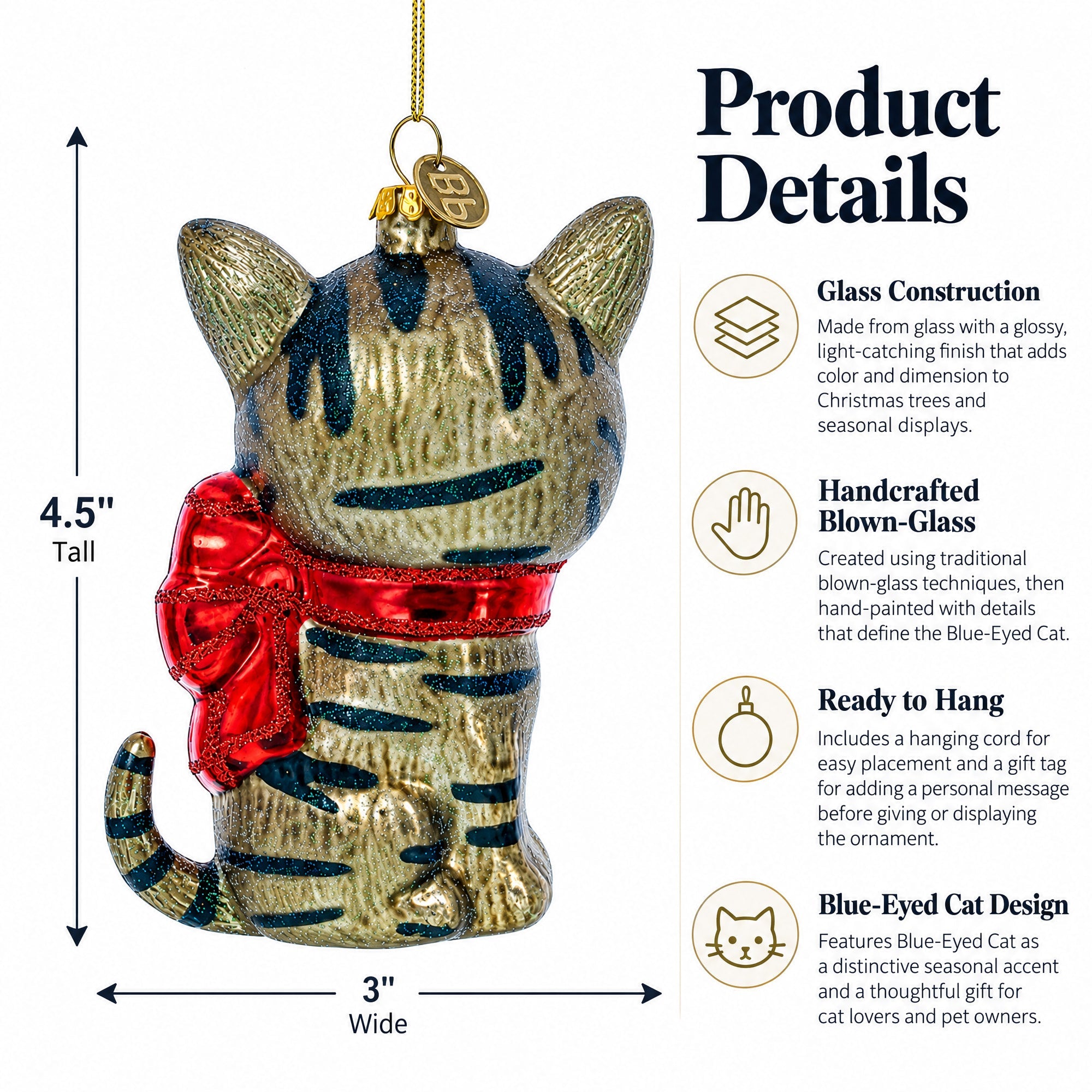 Blue-Eyed Cat Glass Christmas Ornament