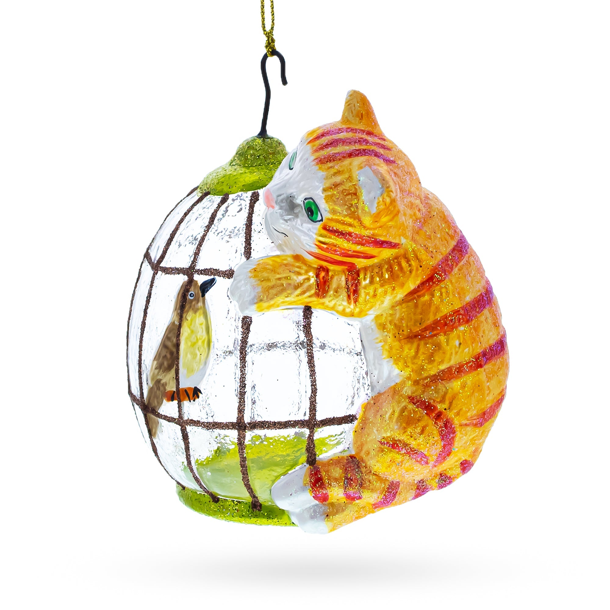 Curious Cat and Caged Bird Glass Christmas Ornament
