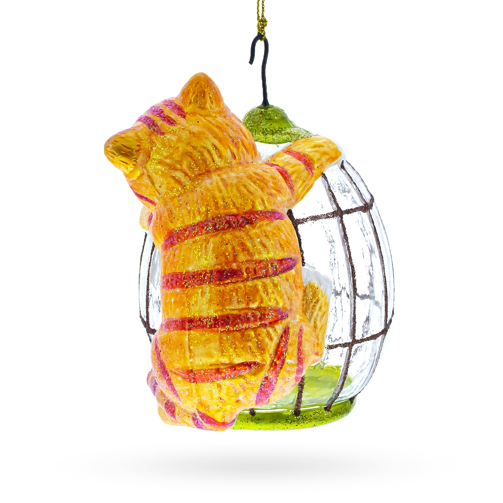 Curious Cat and Caged Bird Glass Christmas Ornament