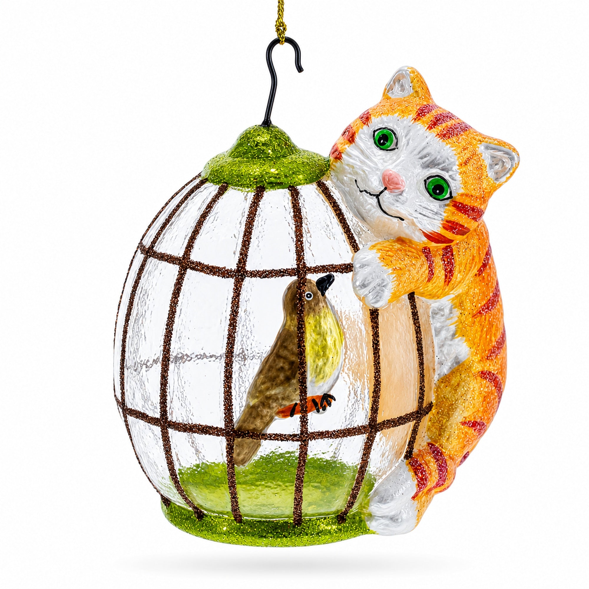 Curious Cat and Caged Bird Glass Christmas Ornament