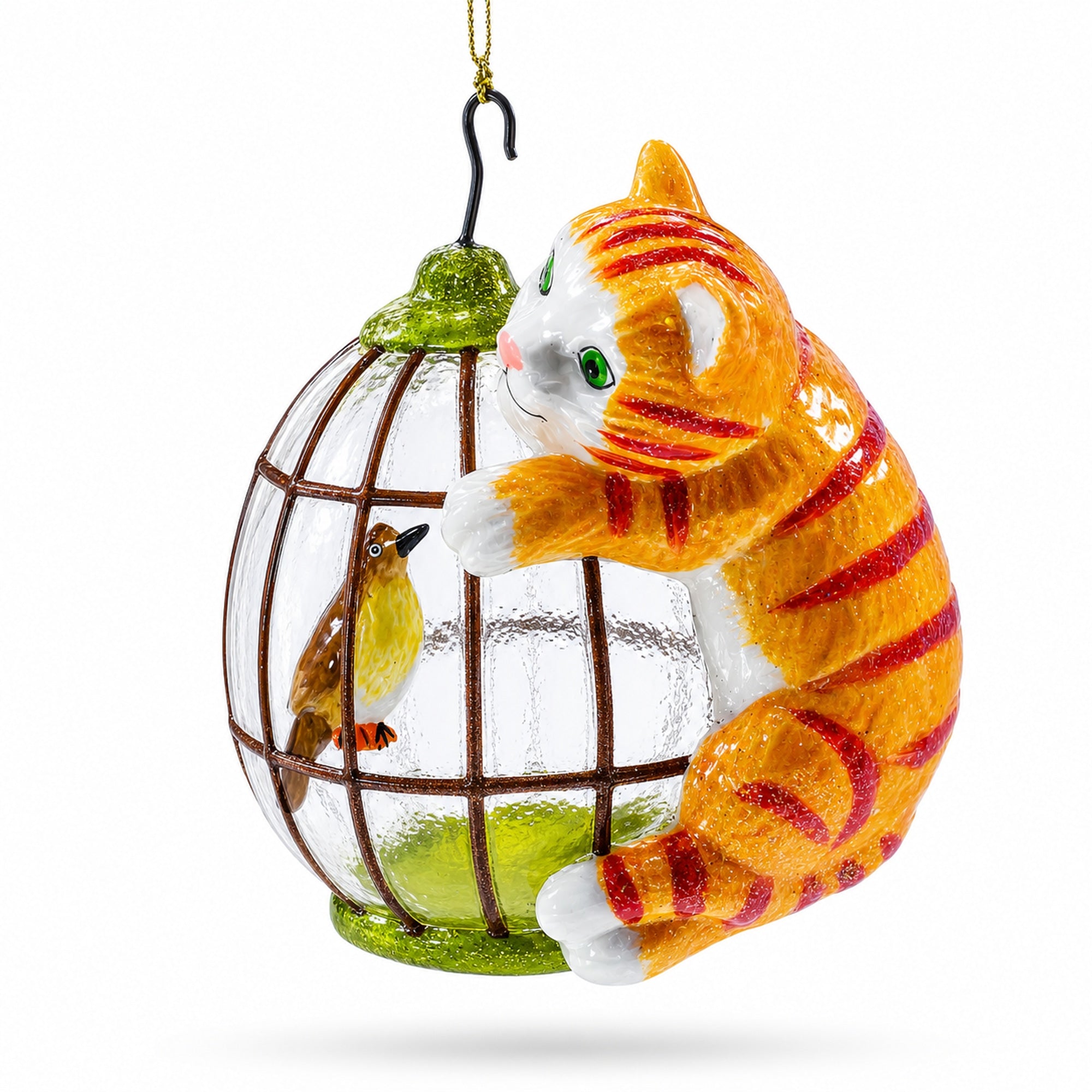 Curious Cat and Caged Bird Glass Christmas Ornament