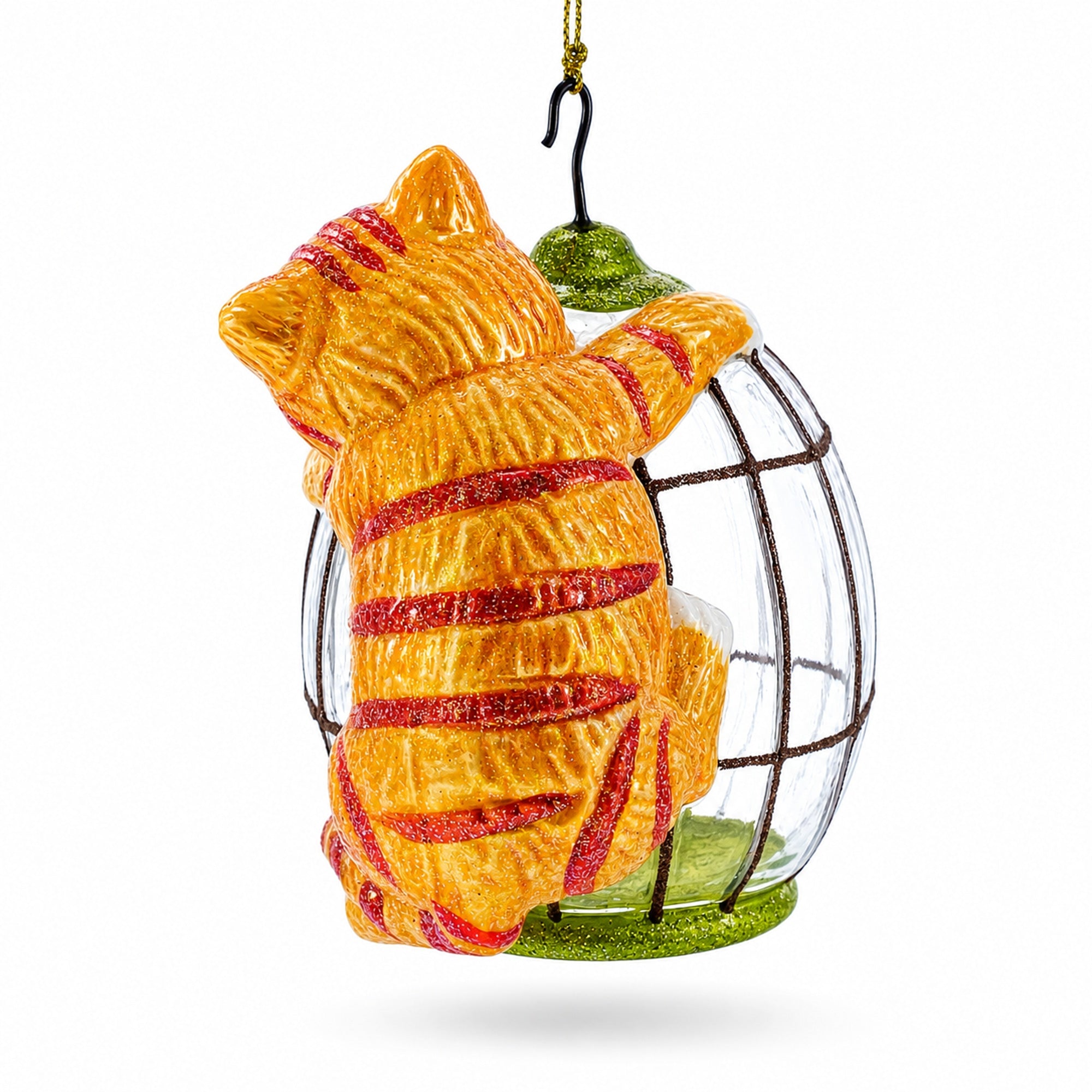 Curious Cat and Caged Bird Glass Christmas Ornament