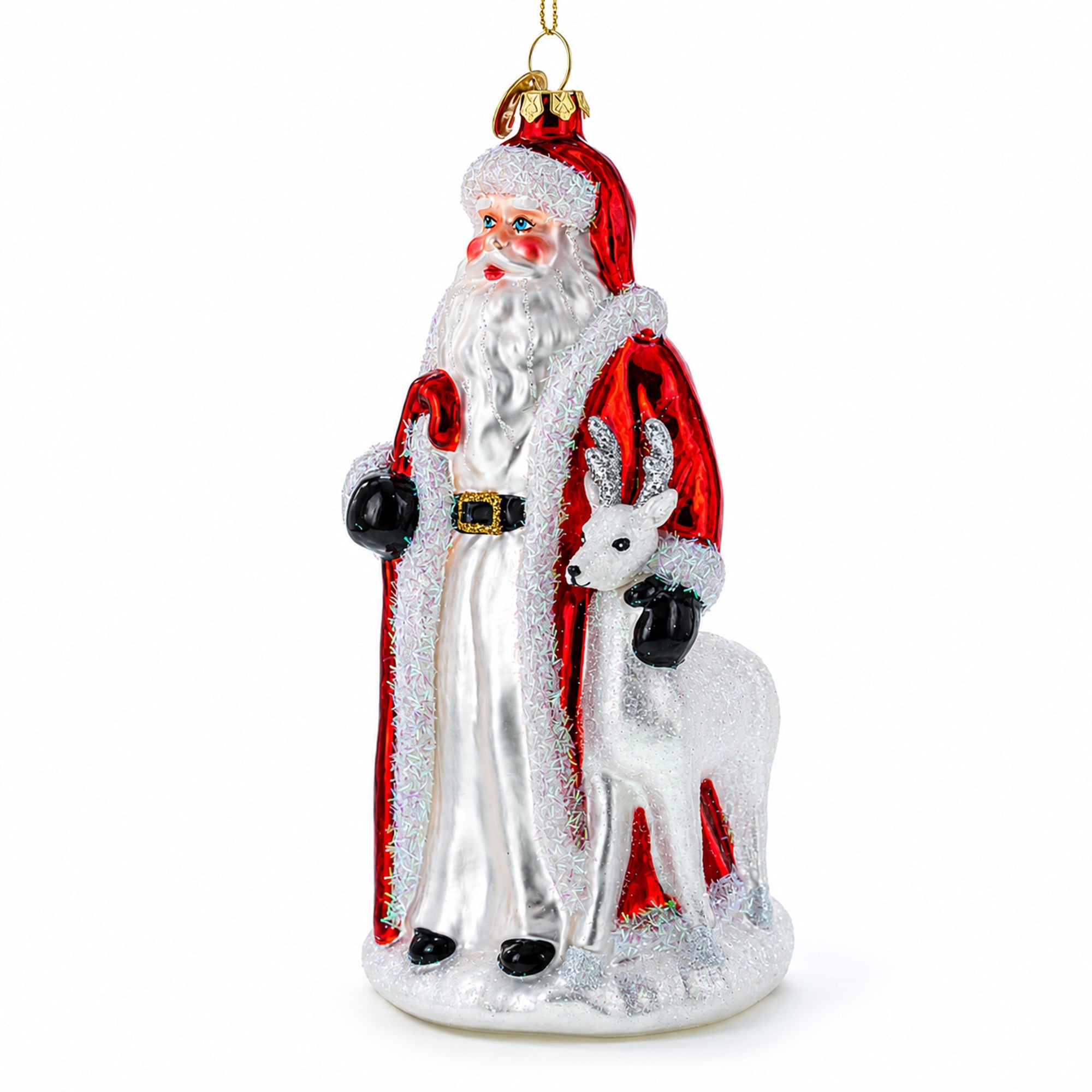 Santa with White Reindeer Glass Christmas Ornament