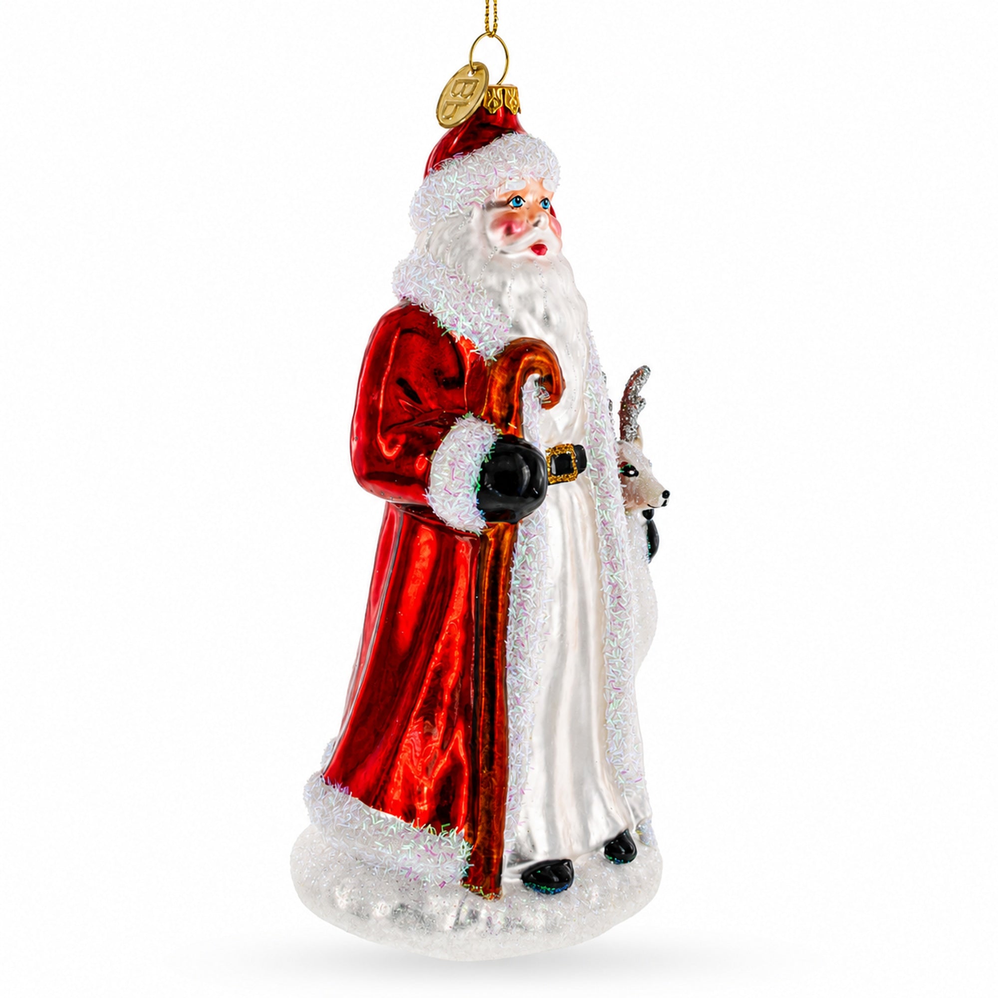 Santa with White Reindeer Glass Christmas Ornament