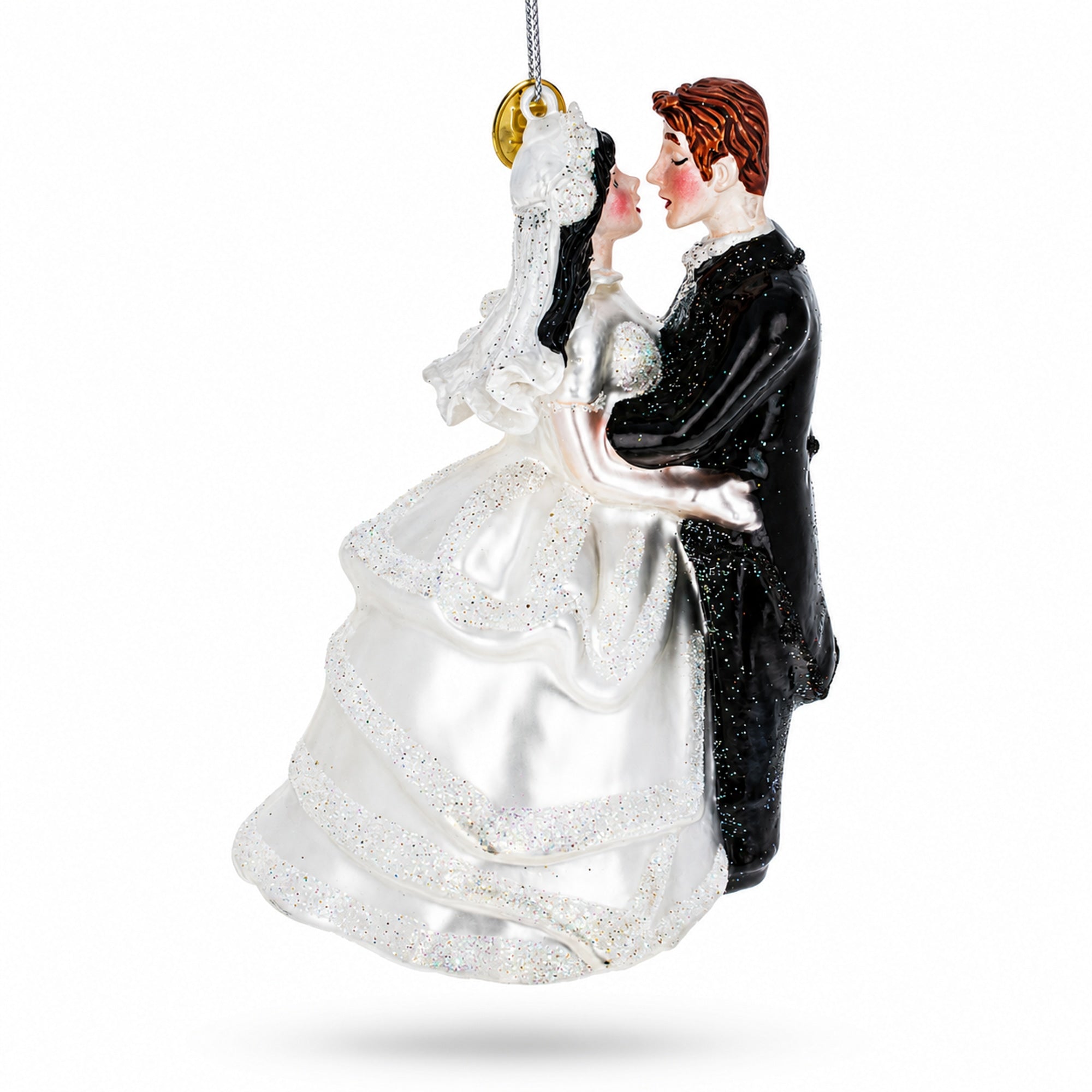Bride and Groom Wedding Kiss Glass Christmas Ornament