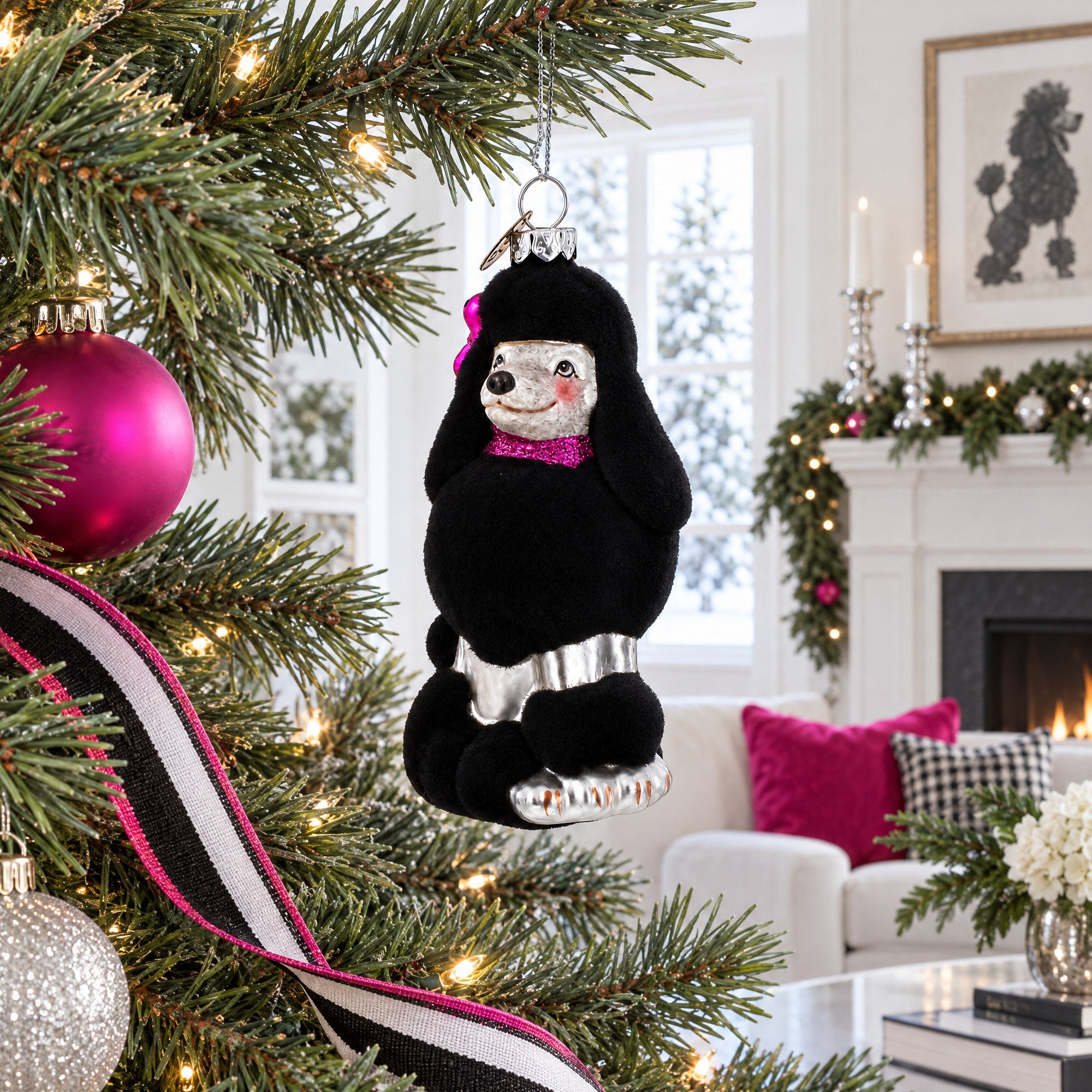 Black Poodle Dog with Faux Fur Glass Christmas Ornament