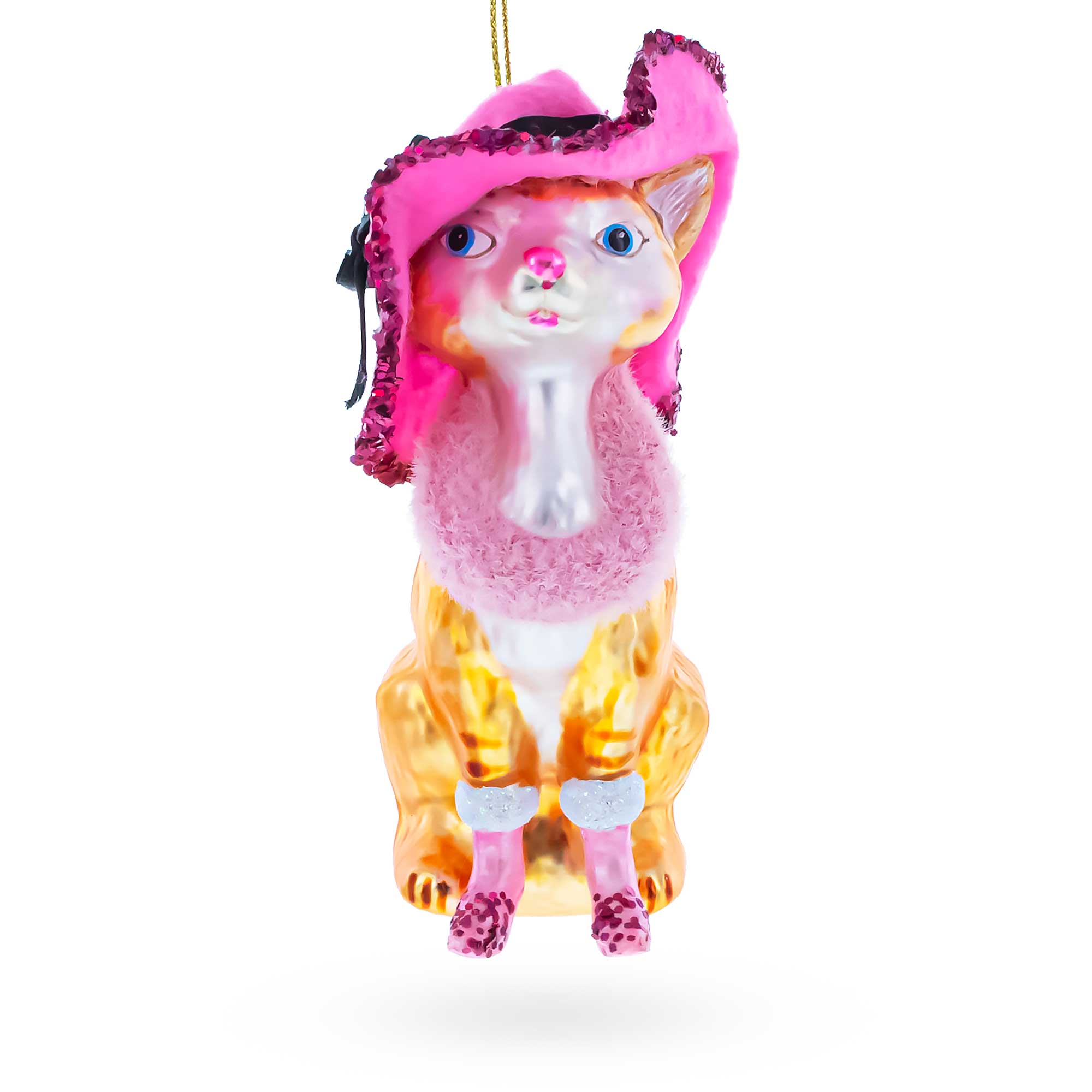 Lady Cat with Pink Hat Glass Christmas Ornament