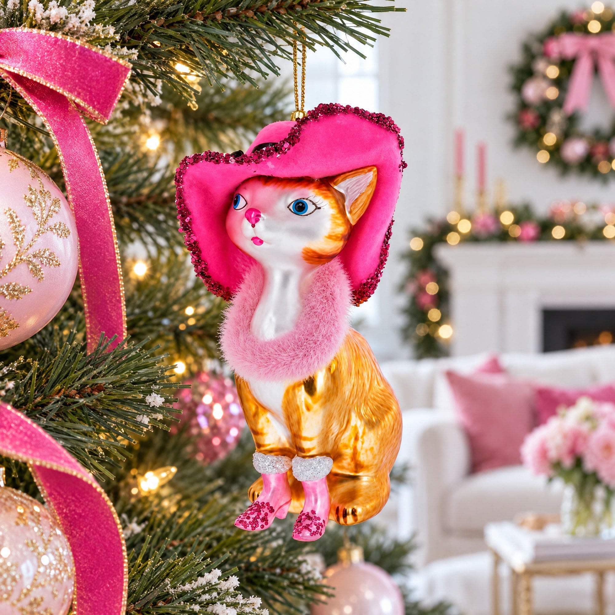 Lady Cat with Pink Hat Glass Christmas Ornament