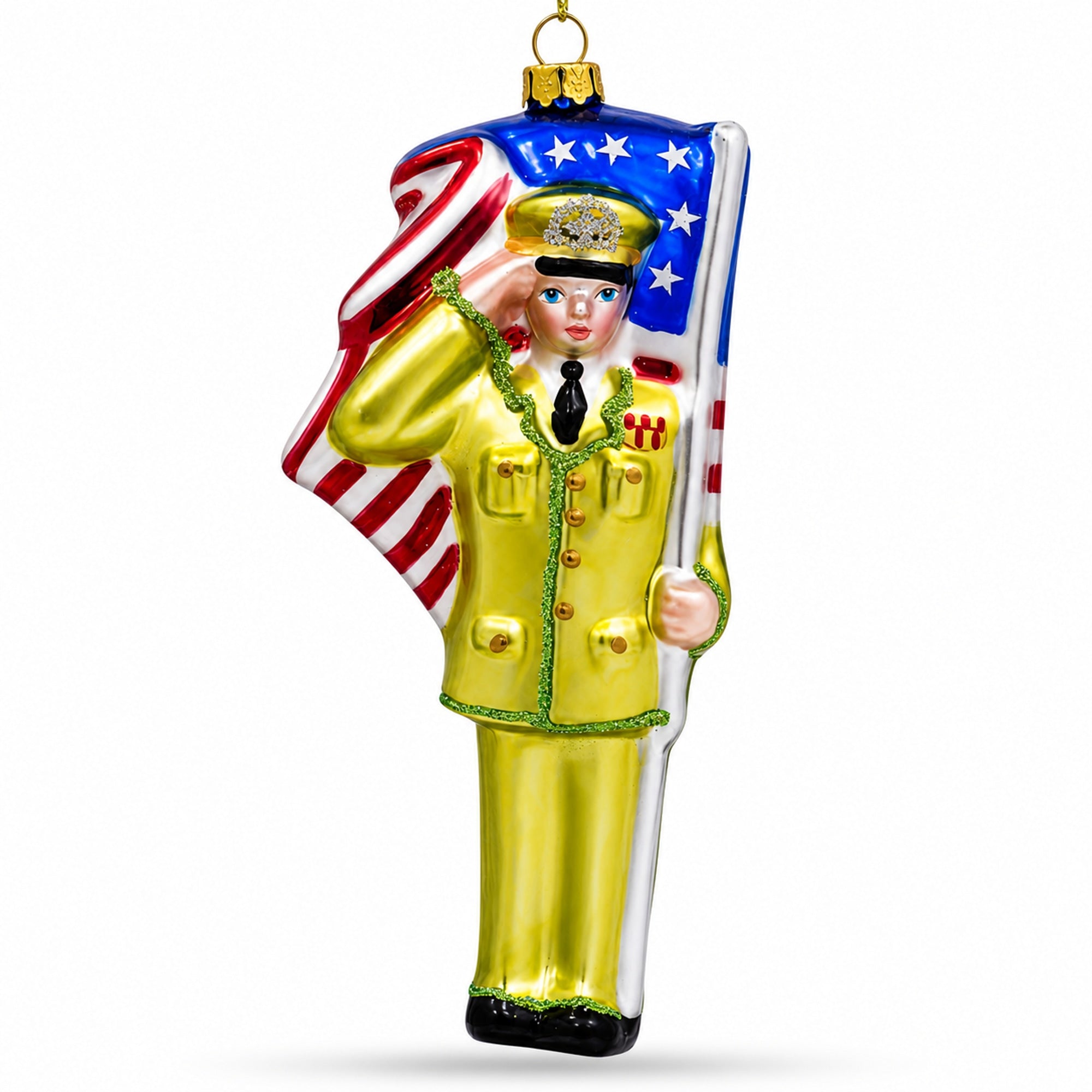 Patriotic Soldier with American Flag Glass Christmas Ornament
