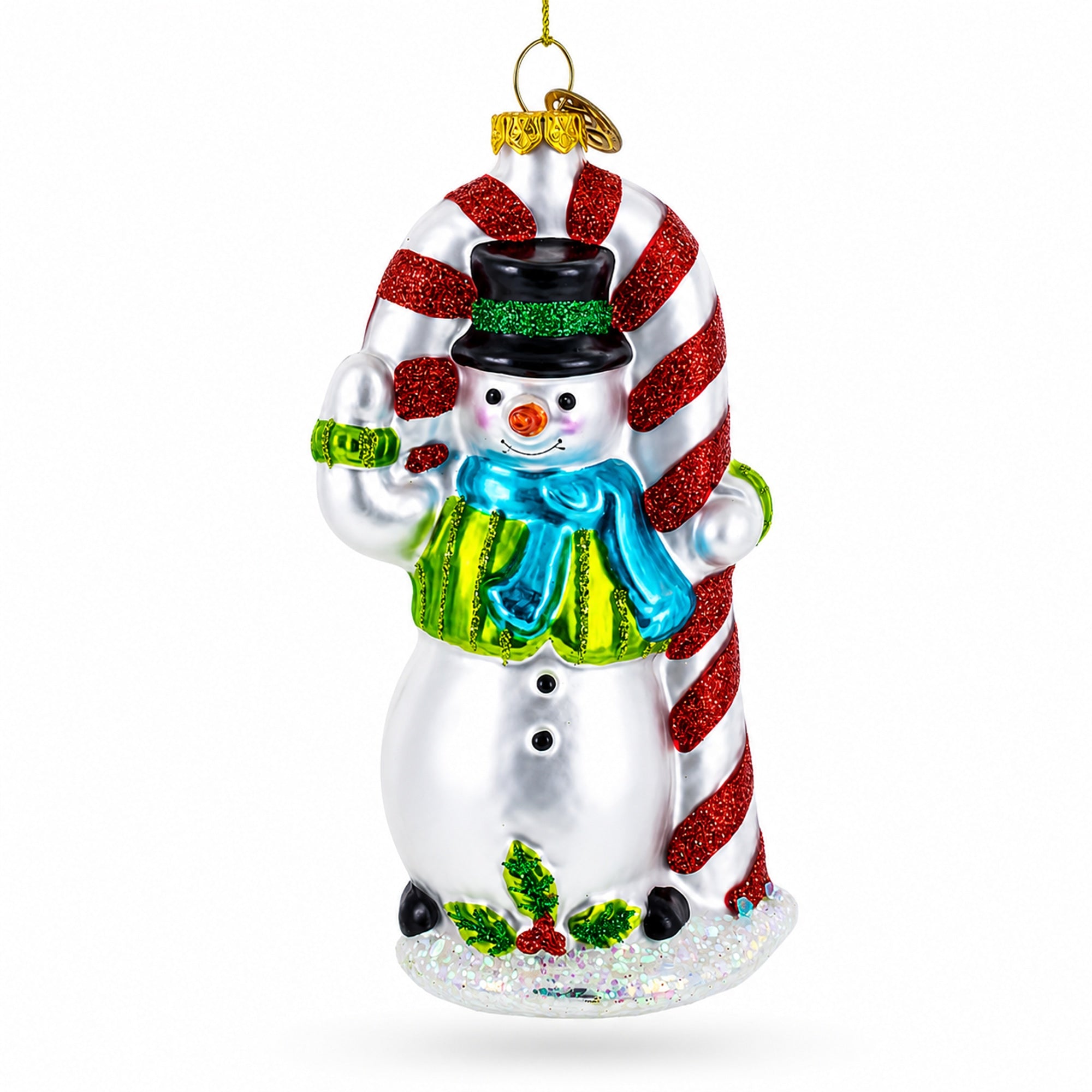 Snowman with the Mint Candy Cane Glass Christmas Ornament