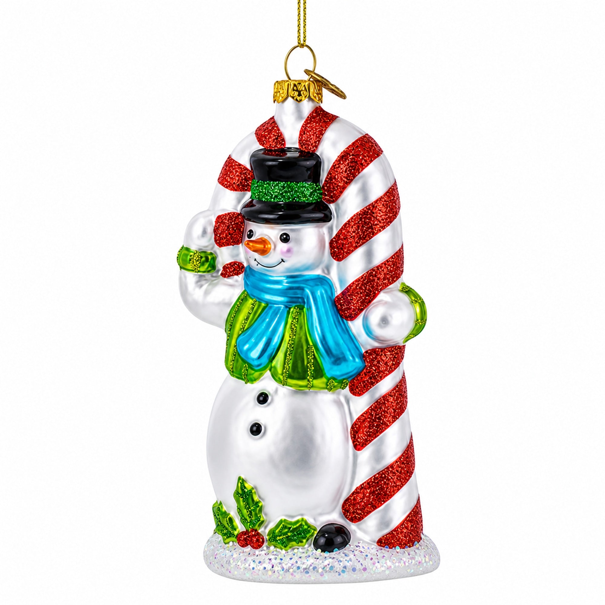 Snowman with the Mint Candy Cane Glass Christmas Ornament