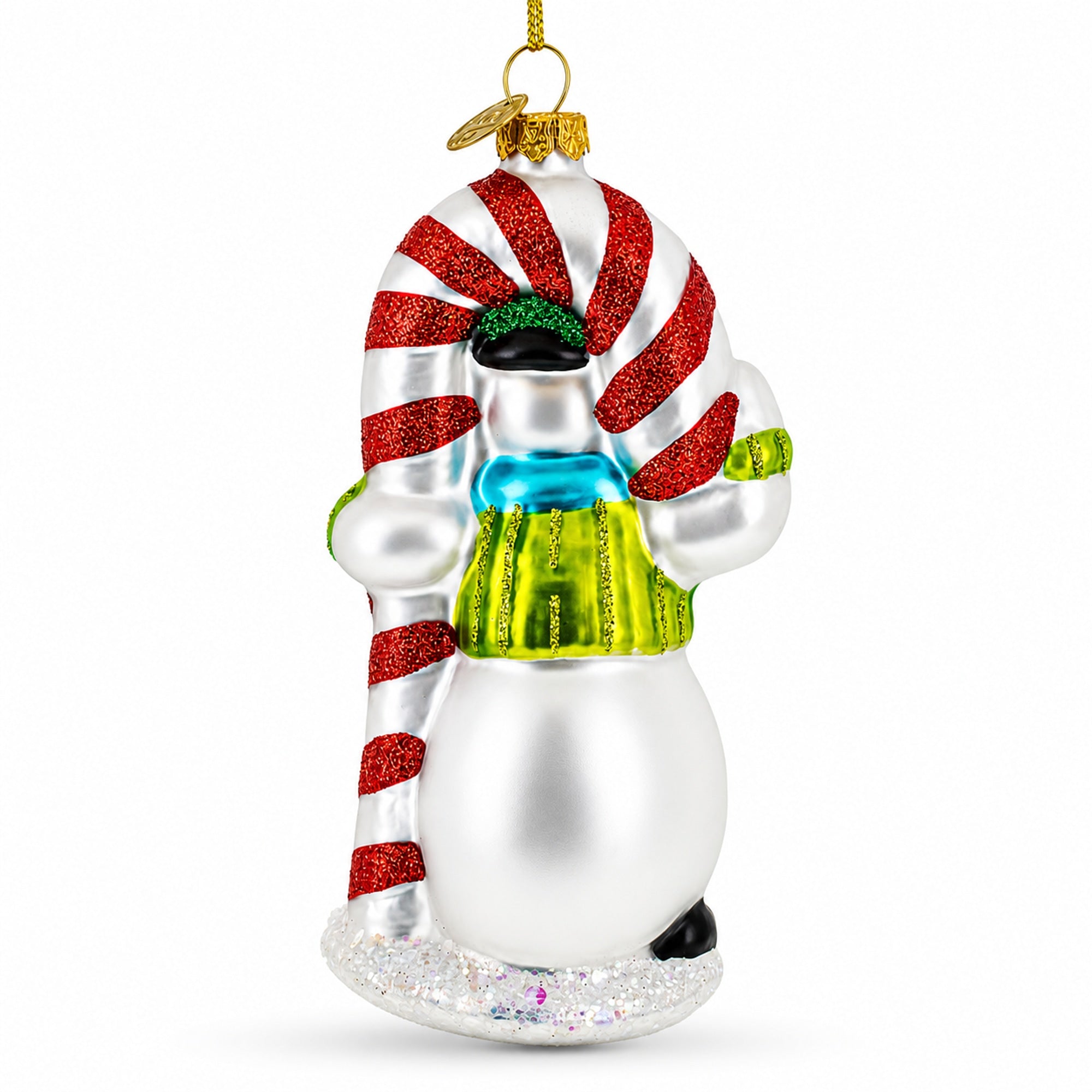 Snowman with the Mint Candy Cane Glass Christmas Ornament