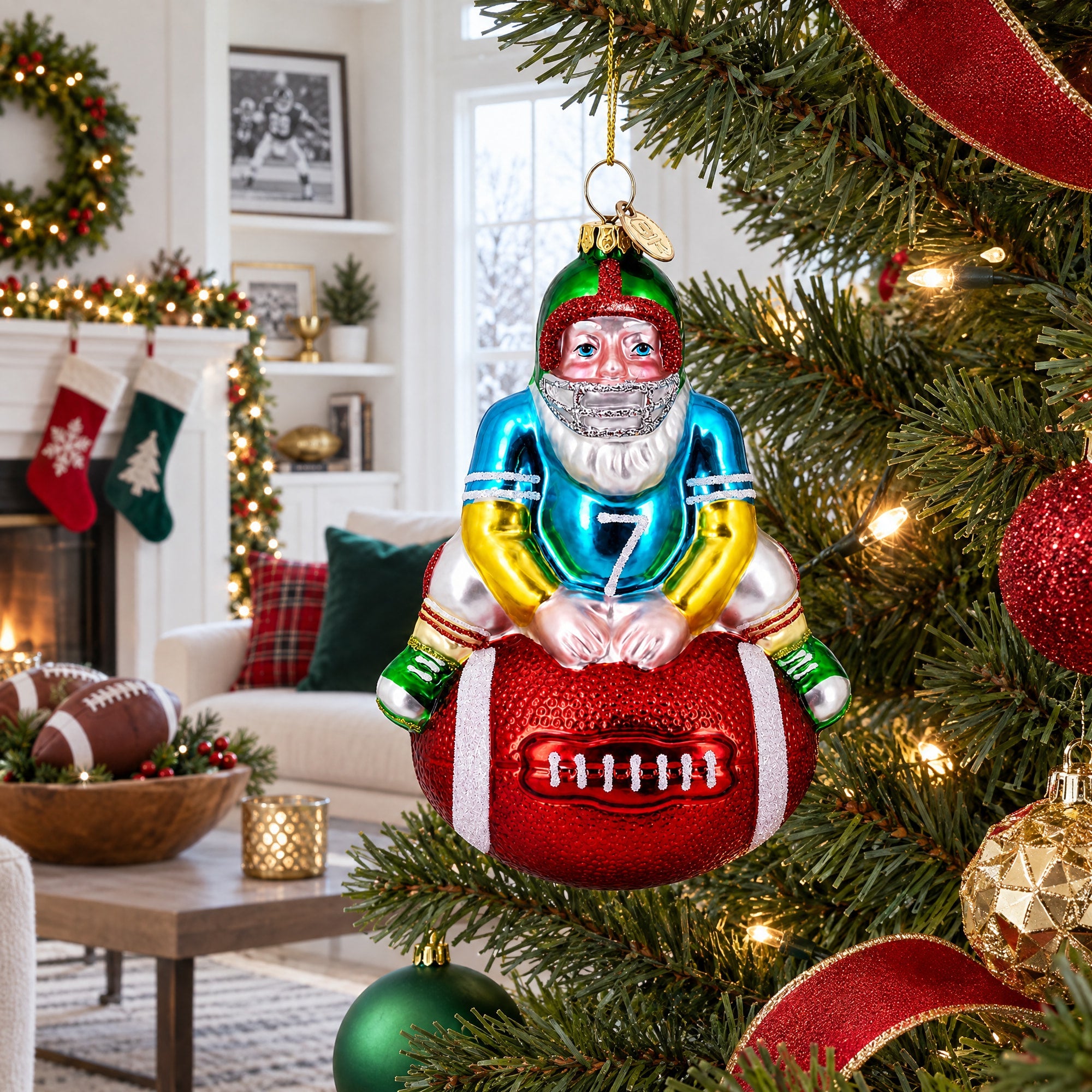 Football Santa the Quarterback Glass Christmas Ornament