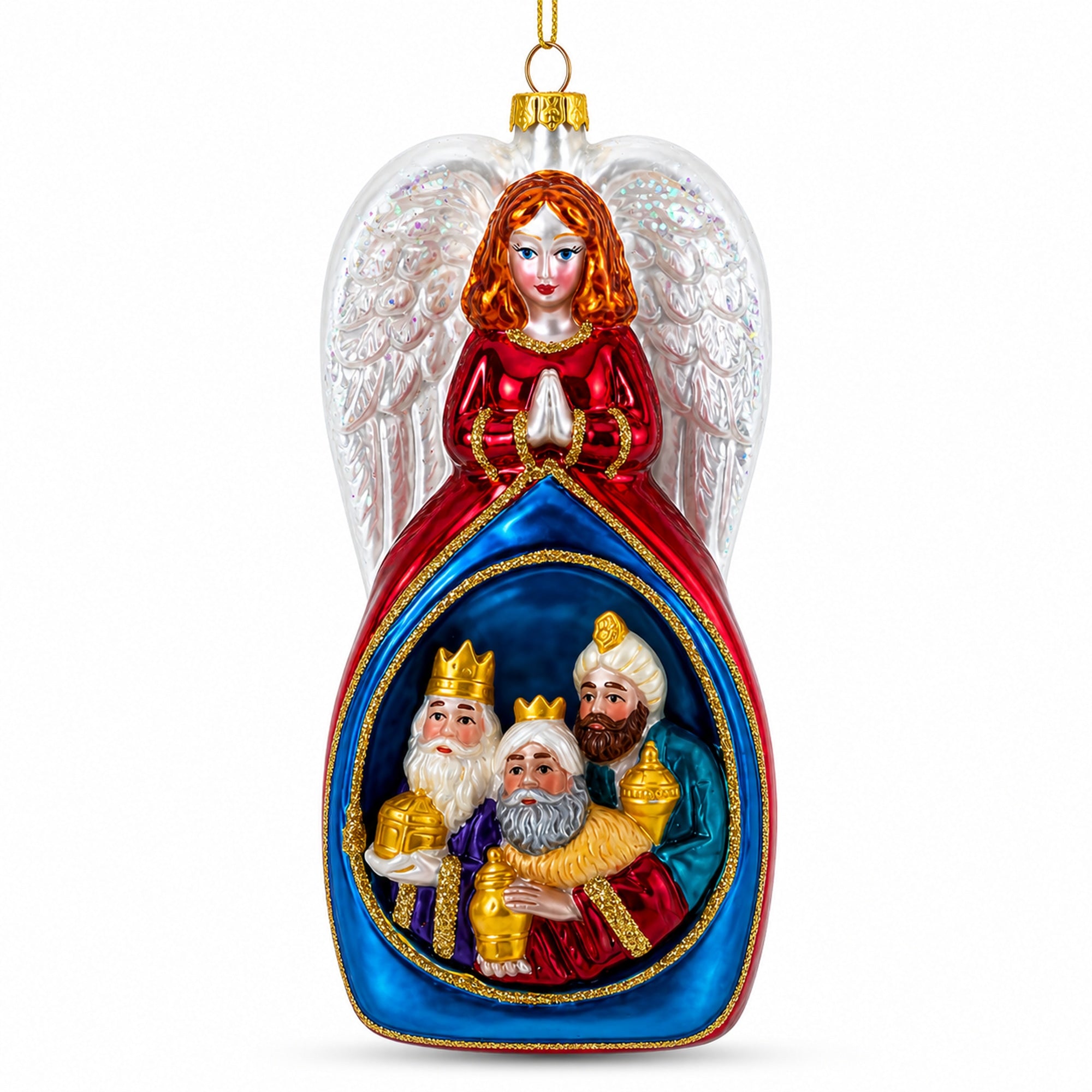 Angel with Three Wise Men Glass Christmas Ornament