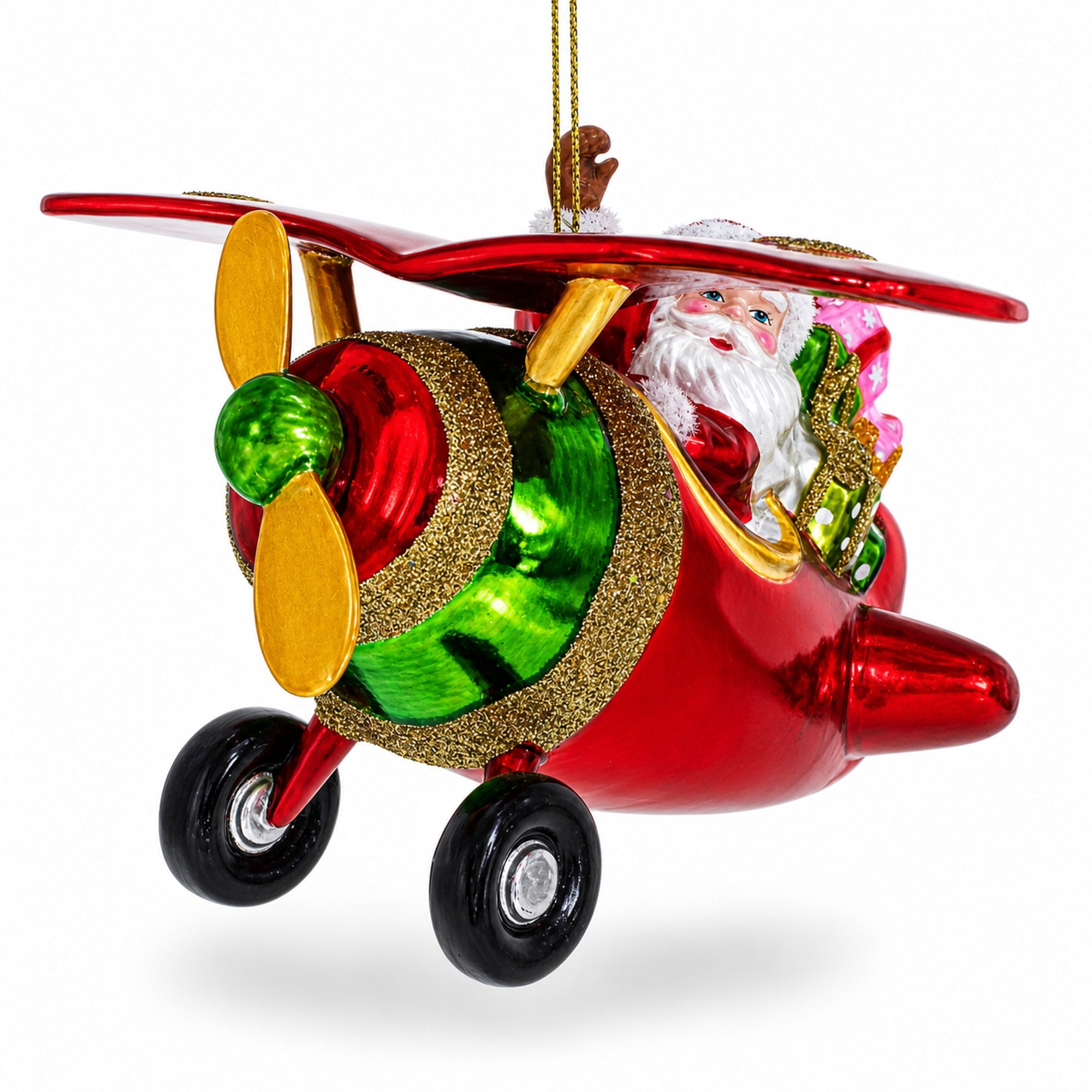 Santa Flying Airplane with Gifts Glass Christmas Ornament