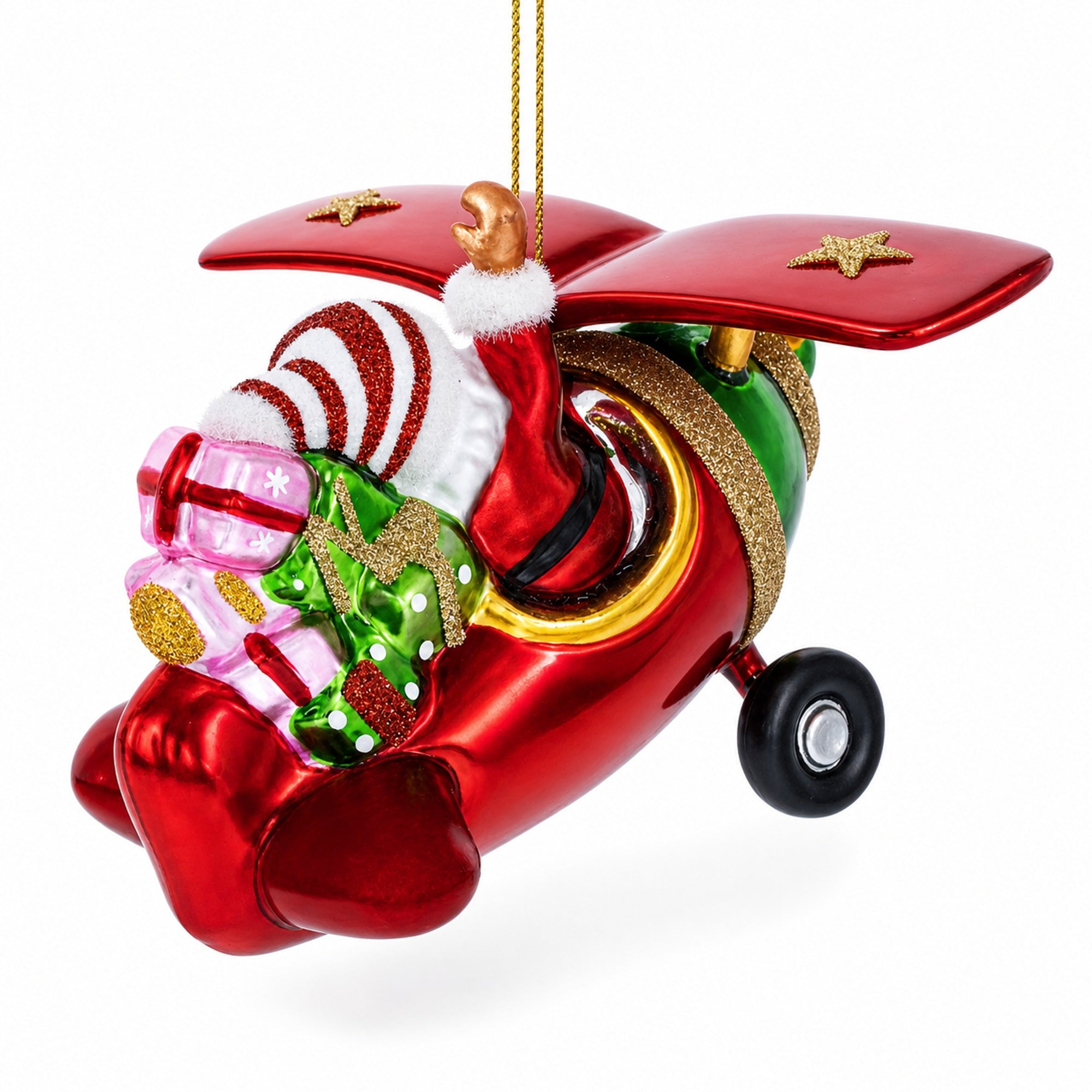 Santa Flying Airplane with Gifts Glass Christmas Ornament