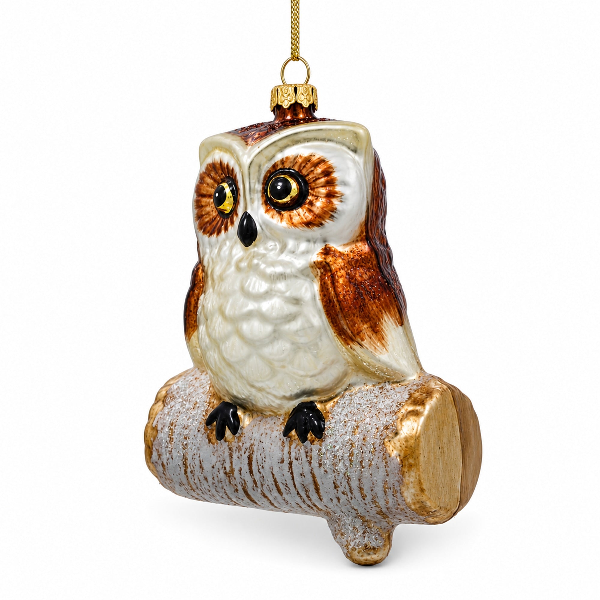 Wise Owl Sitting on a Branch Glass Christmas Ornament