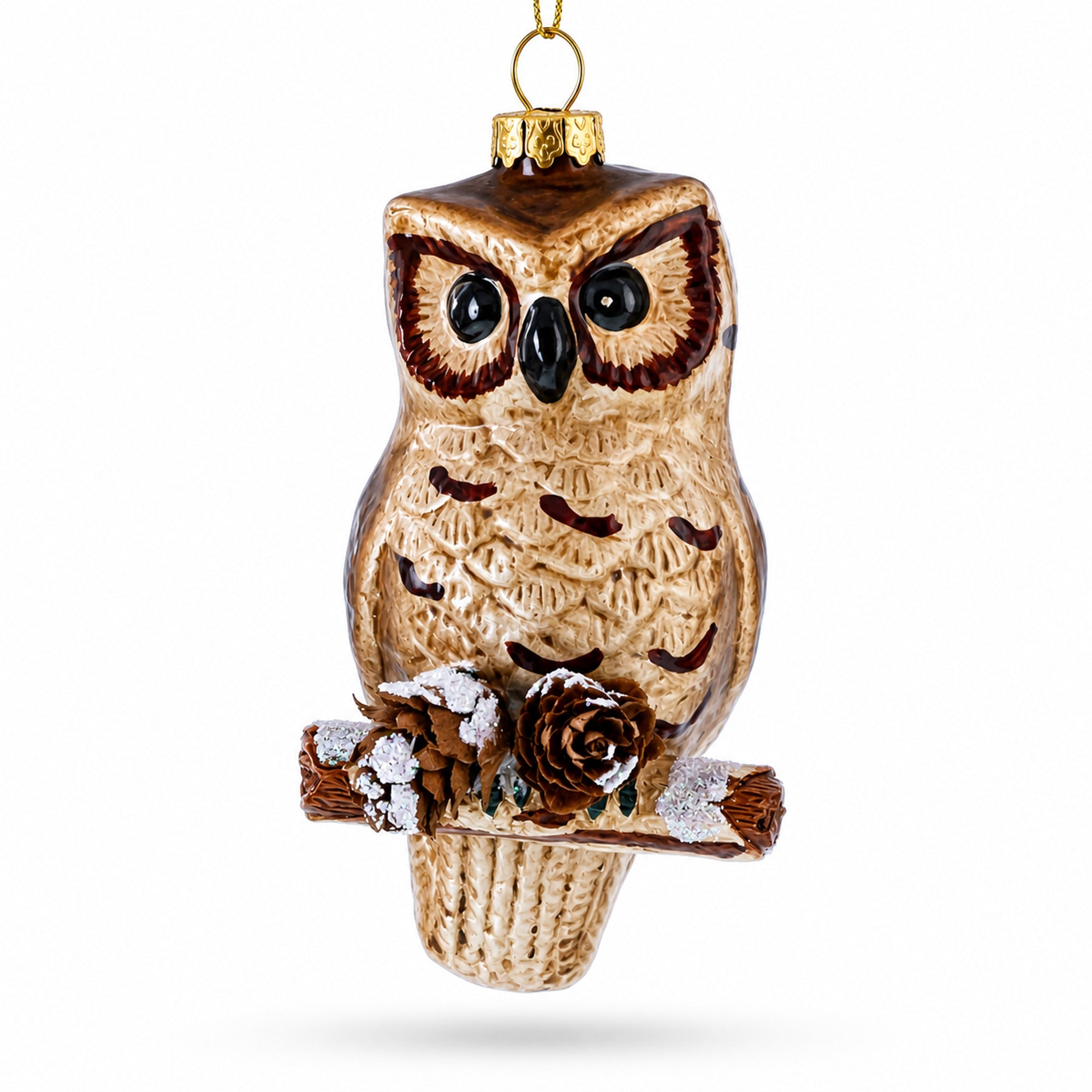 Wise Owl Perched on Branch Glass Christmas Ornament