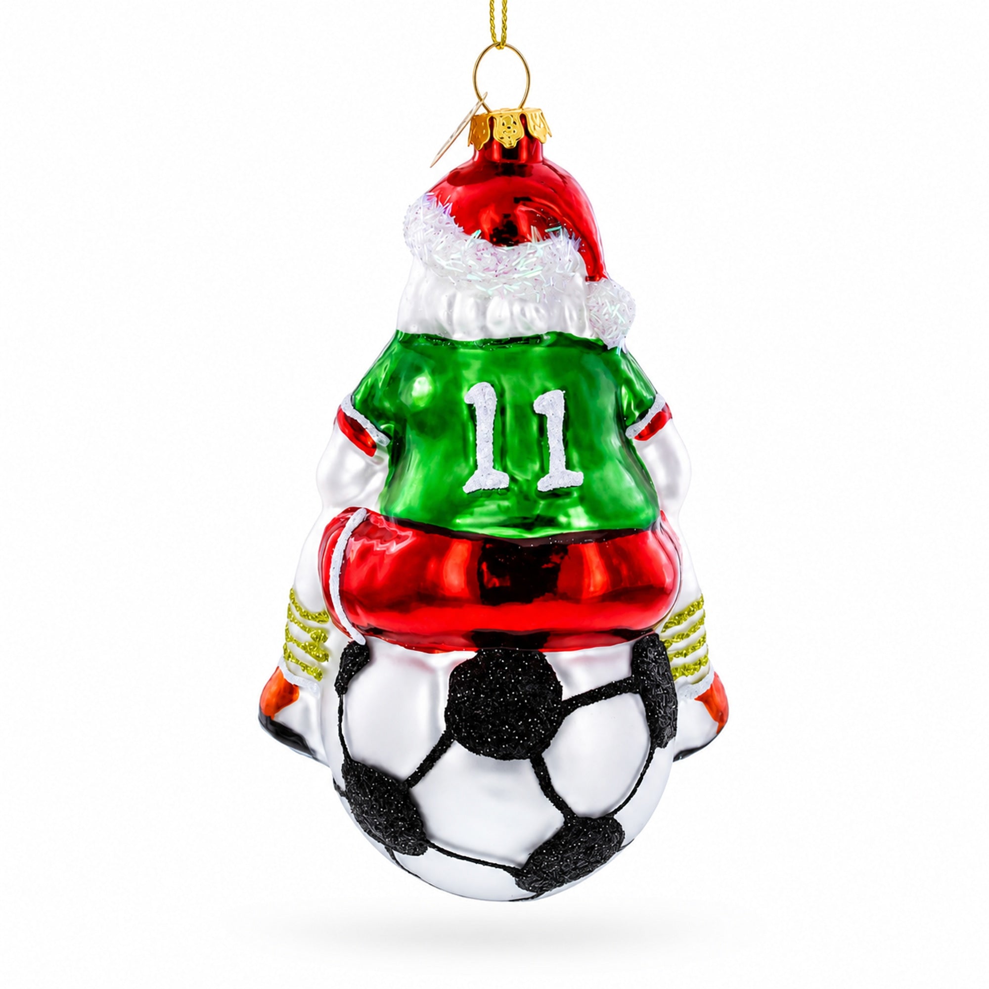 Santa Sitting on Soccer Ball Glass Christmas Ornament