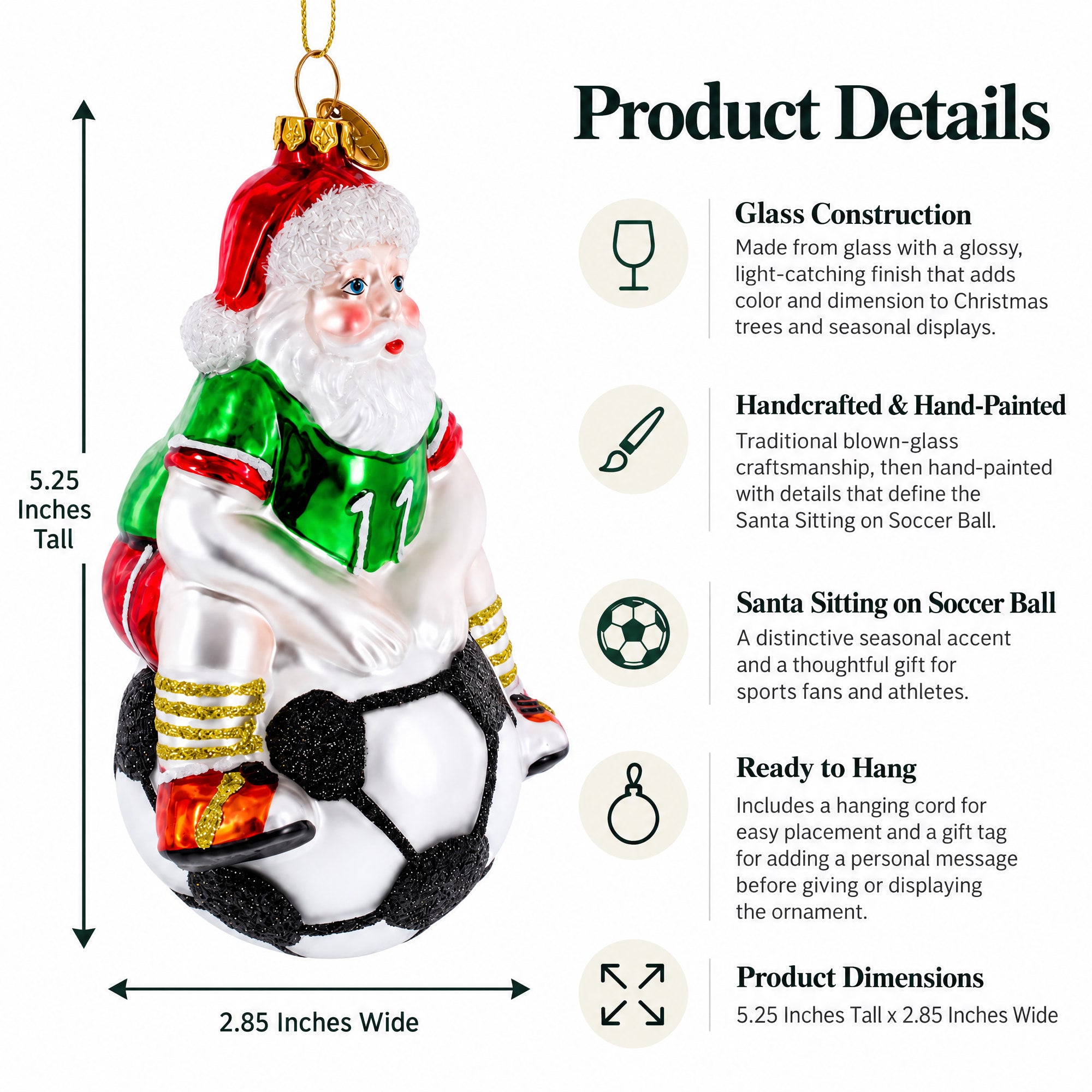 Santa Sitting on Soccer Ball Glass Christmas Ornament