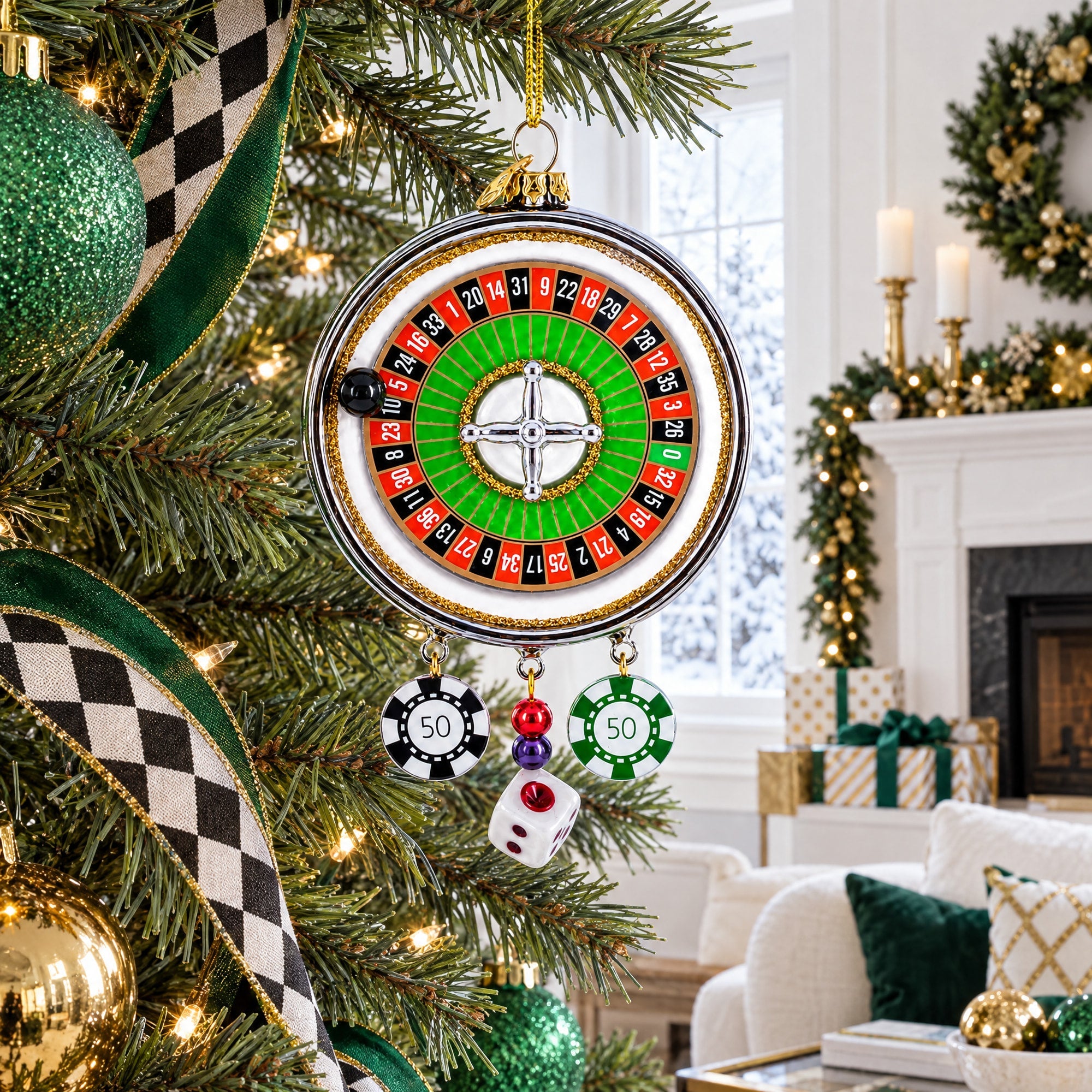 Roulette and Casino Poker Chip Glass Christmas Ornament