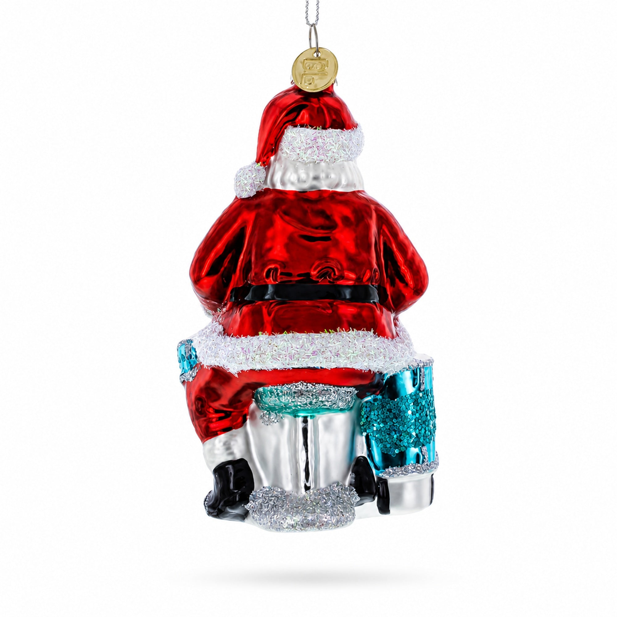 Santa Playing Drums Glass Christmas Ornament