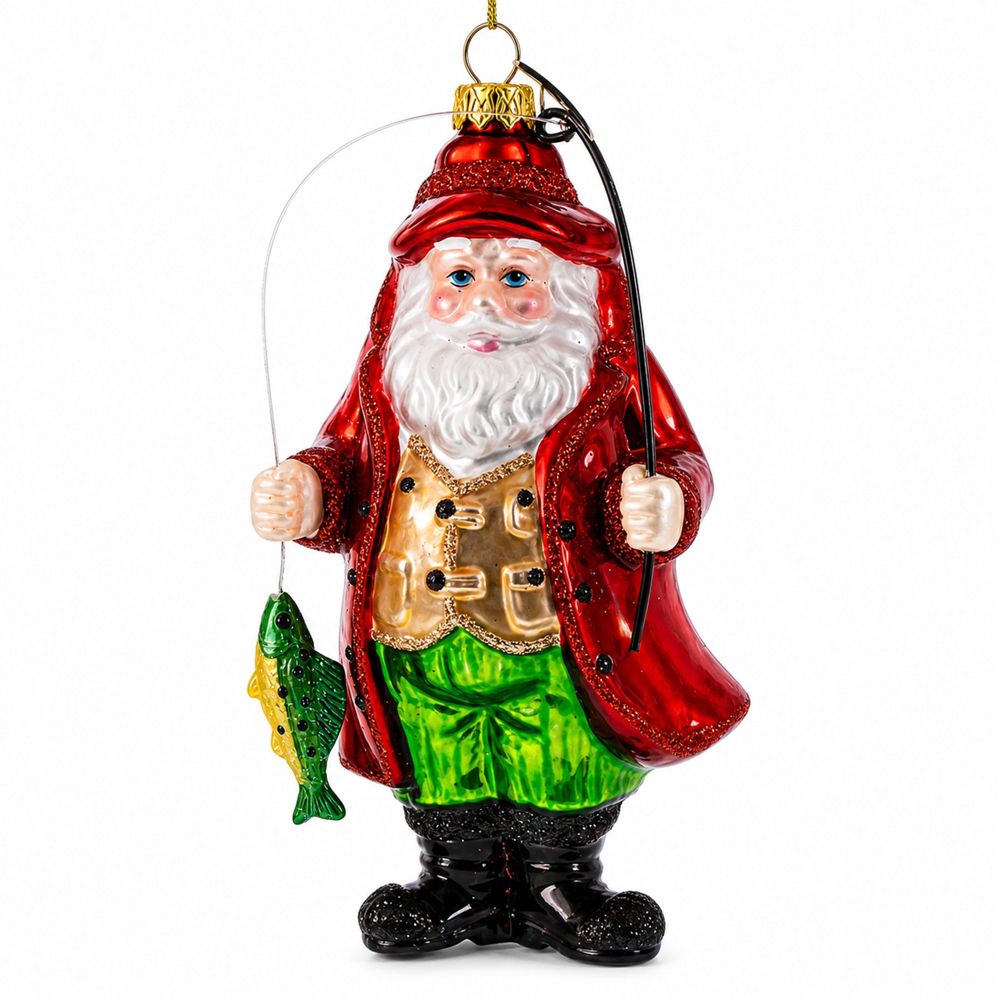 Angler Santa with Catch of the Day Glass Christmas Ornament