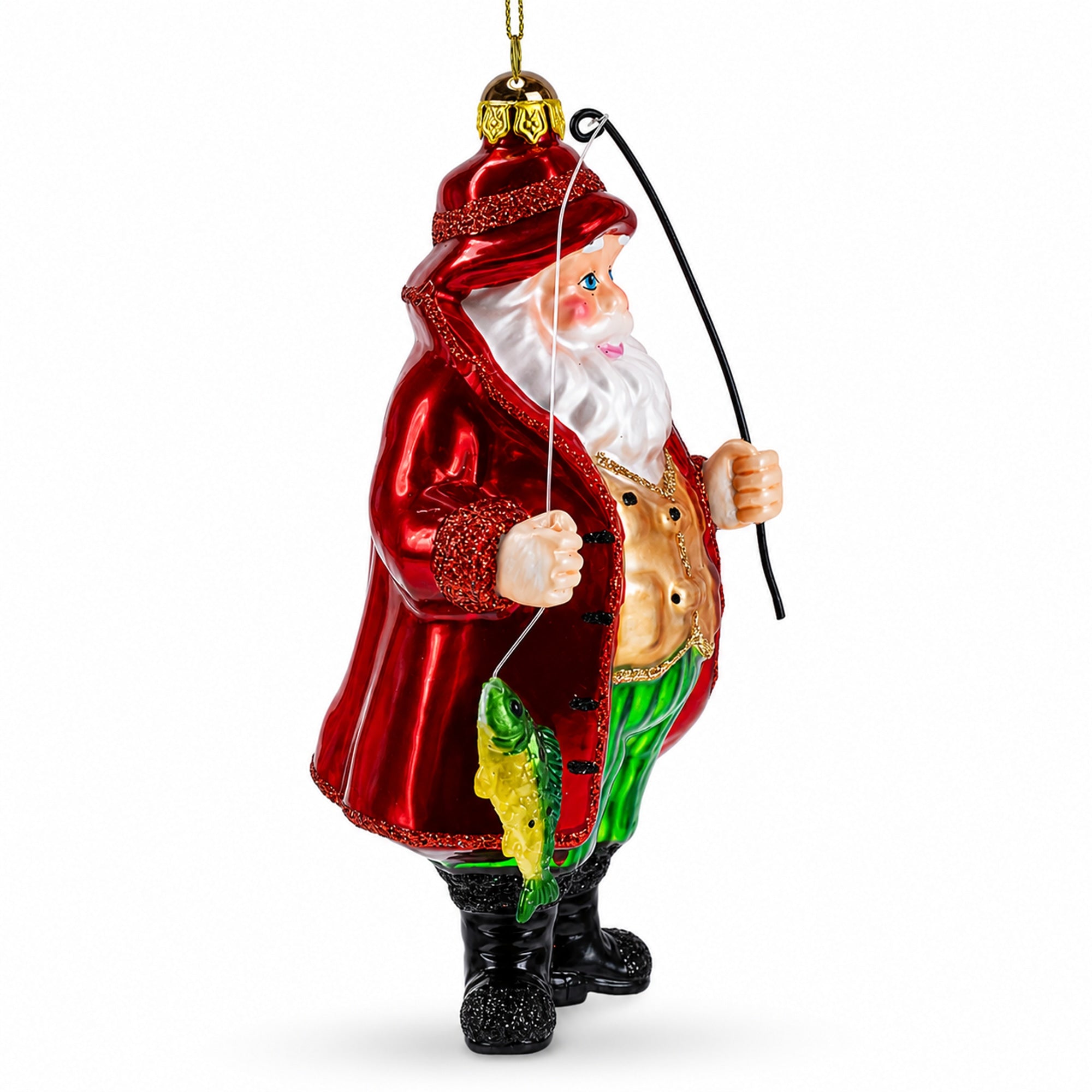 Angler Santa with Catch of the Day Glass Christmas Ornament