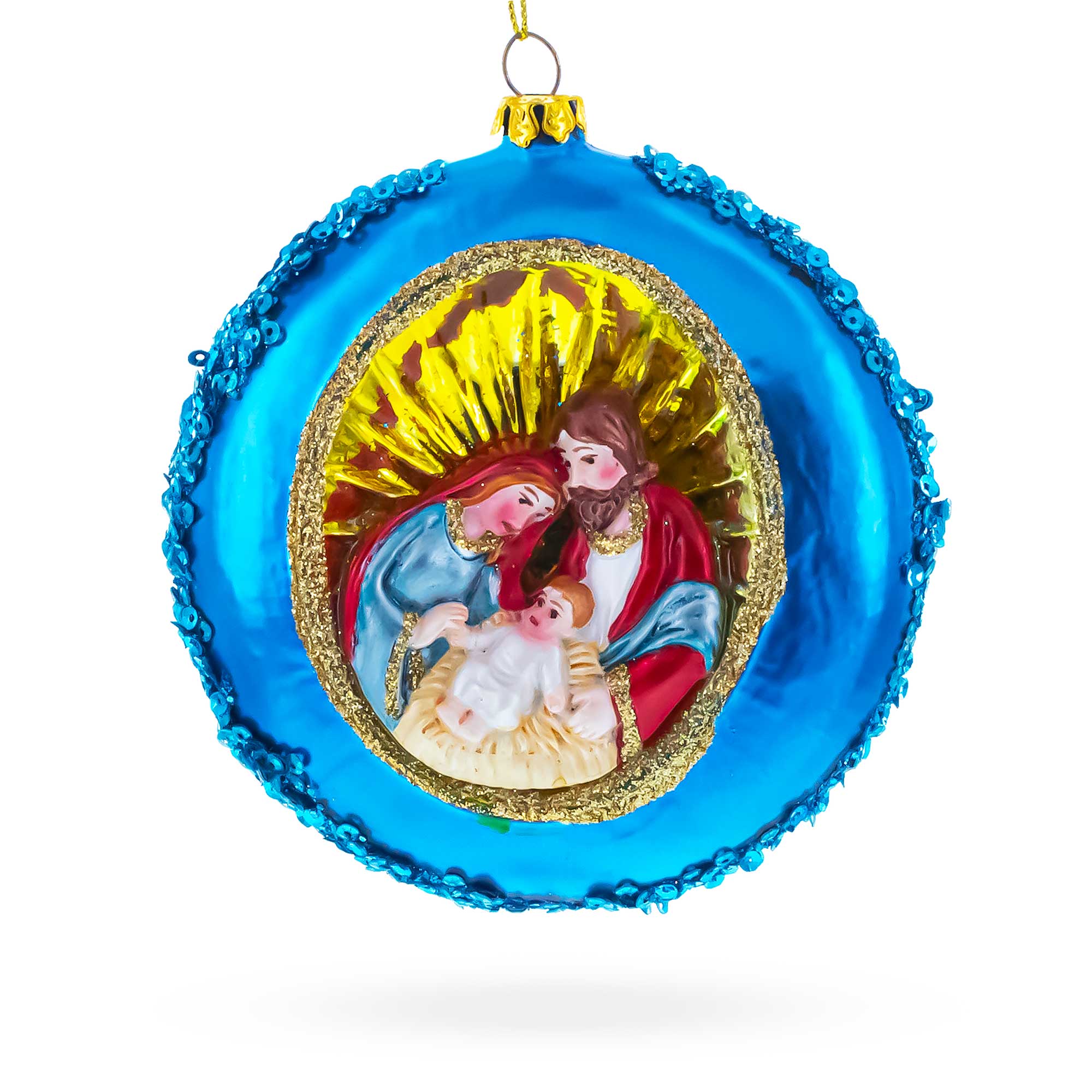 Serene Holy Family on Purple Disc Glass Christmas Ornament