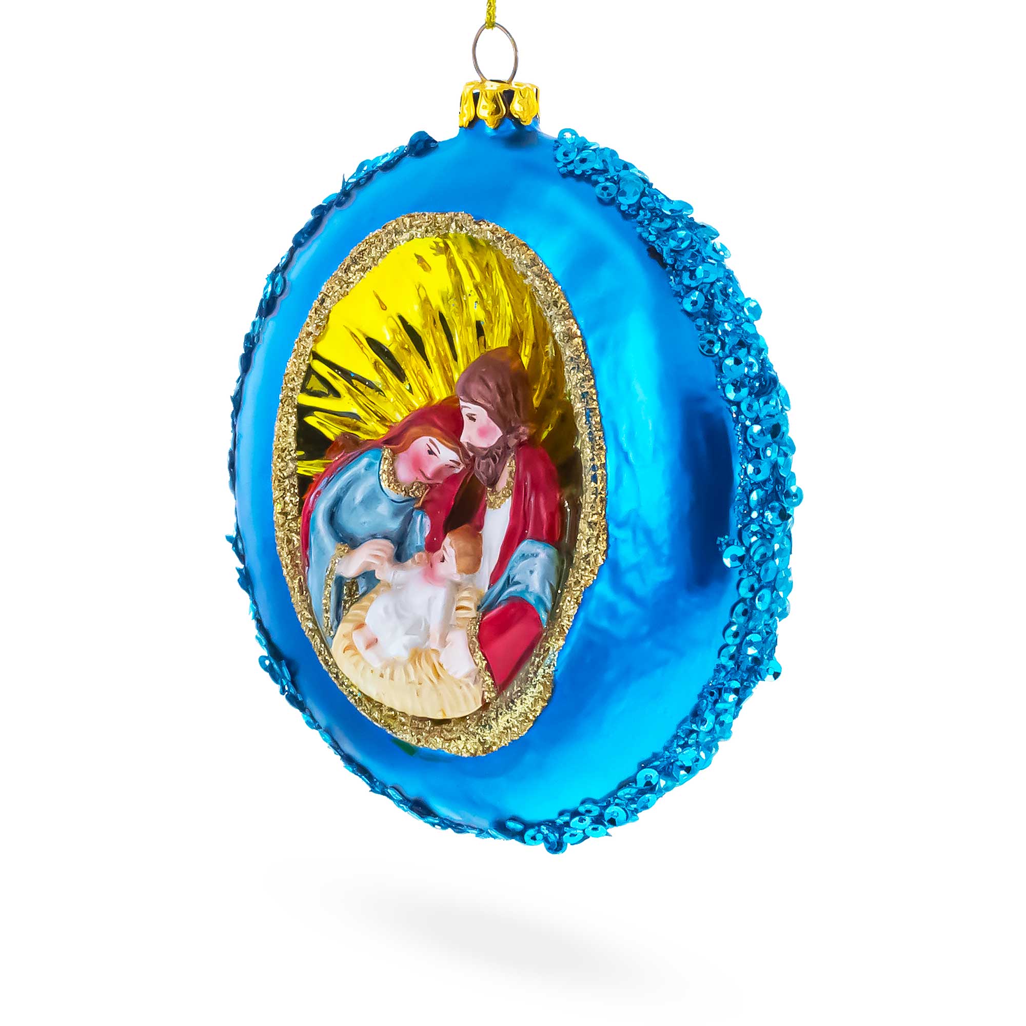 Serene Holy Family on Purple Disc Glass Christmas Ornament