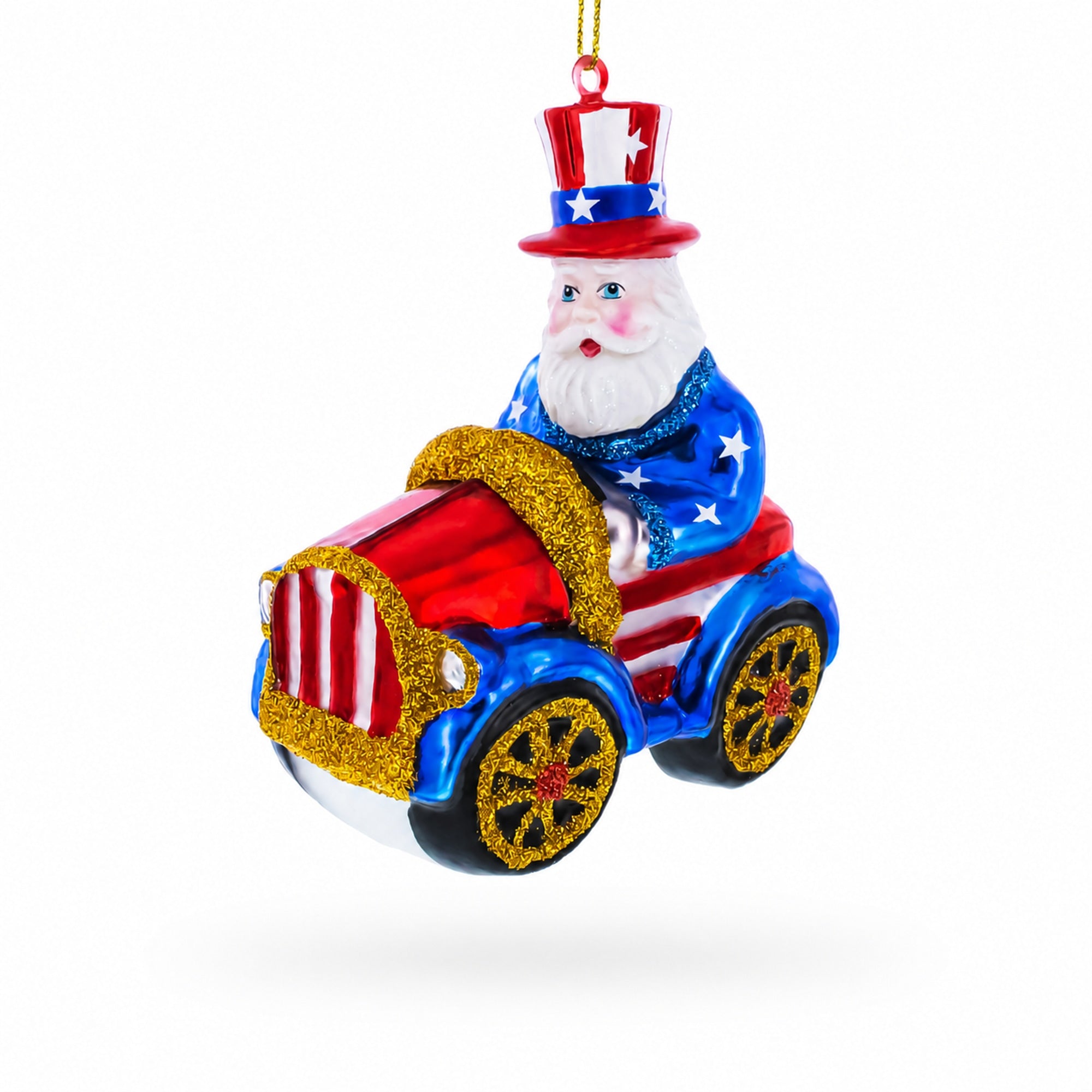 Uncle Sam Santa Driving a Car Glass Christmas Ornament