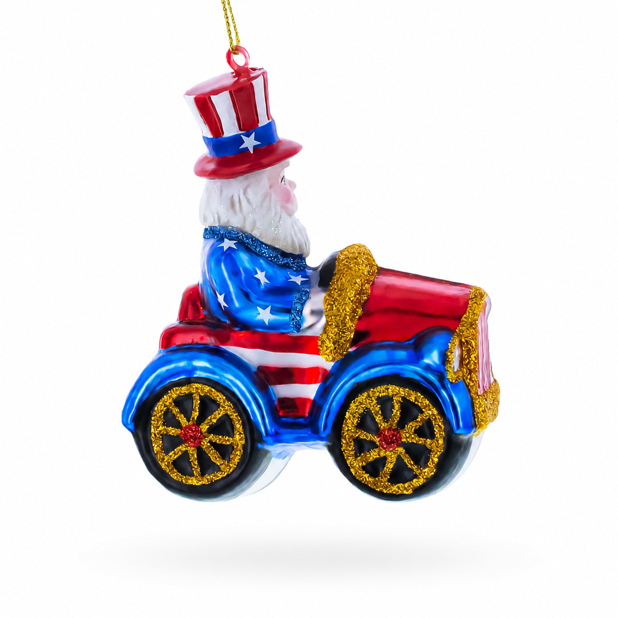 Uncle Sam Santa Driving a Car Glass Christmas Ornament