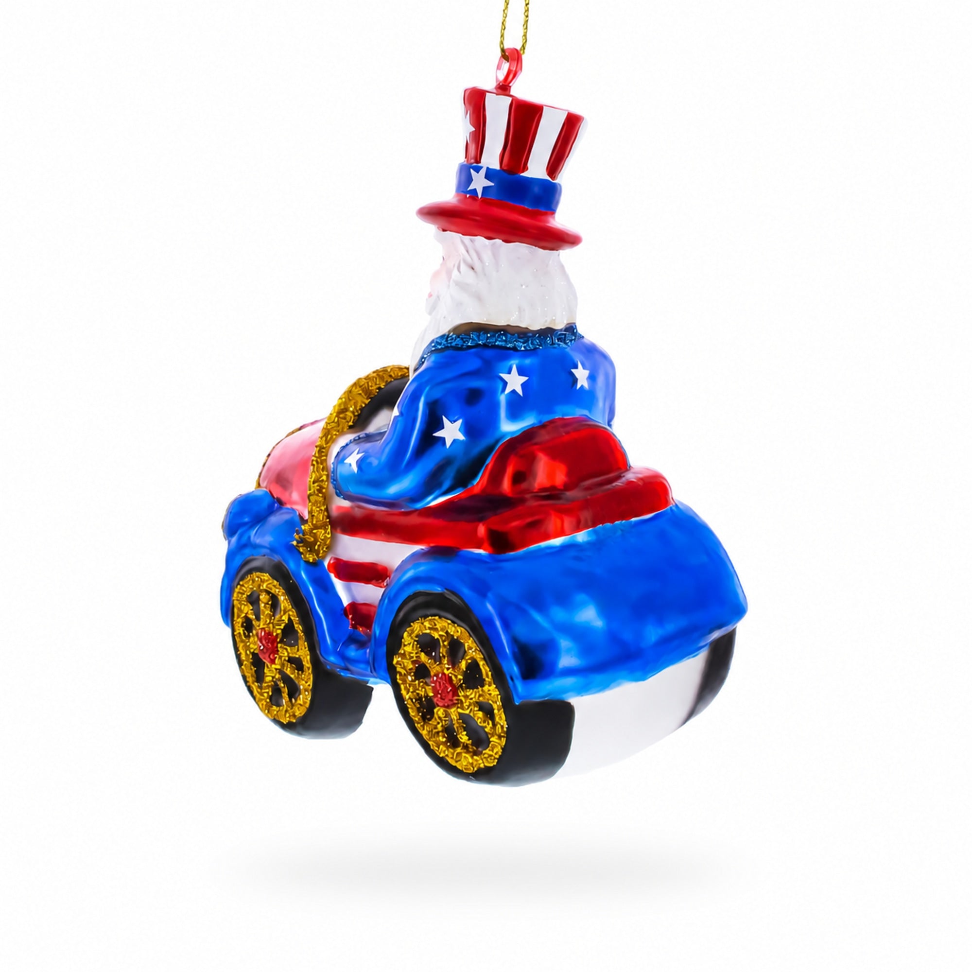 Uncle Sam Santa Driving a Car Glass Christmas Ornament