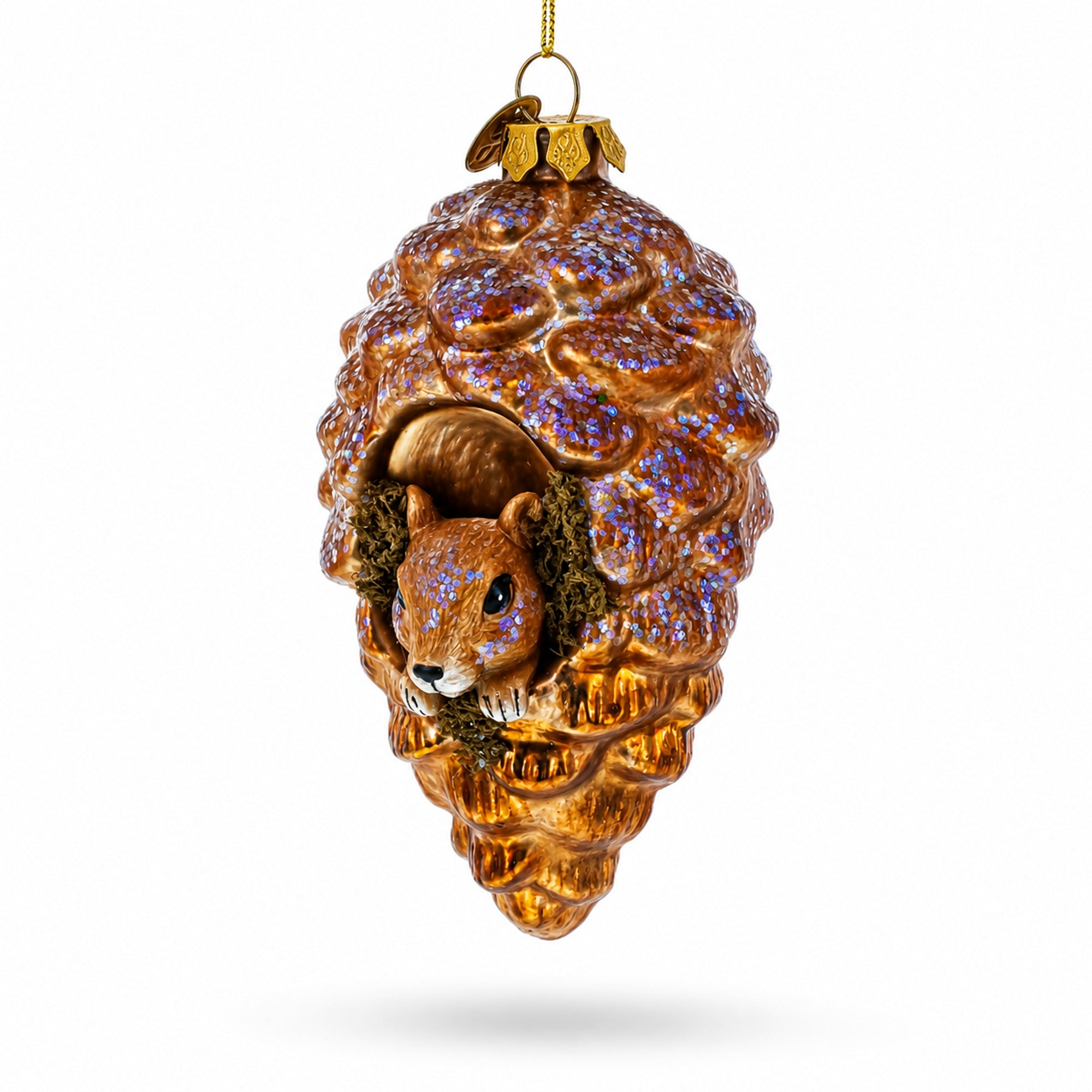 Squirrel Nestled in Pine Cone Glass Christmas Ornament