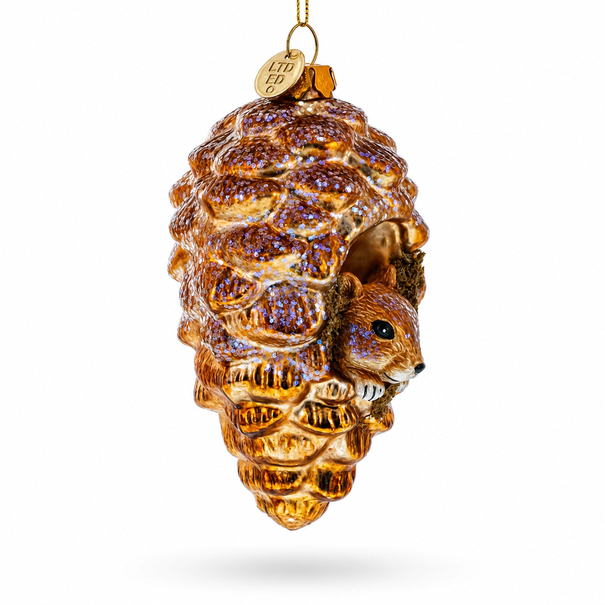Squirrel Nestled in Pine Cone Glass Christmas Ornament