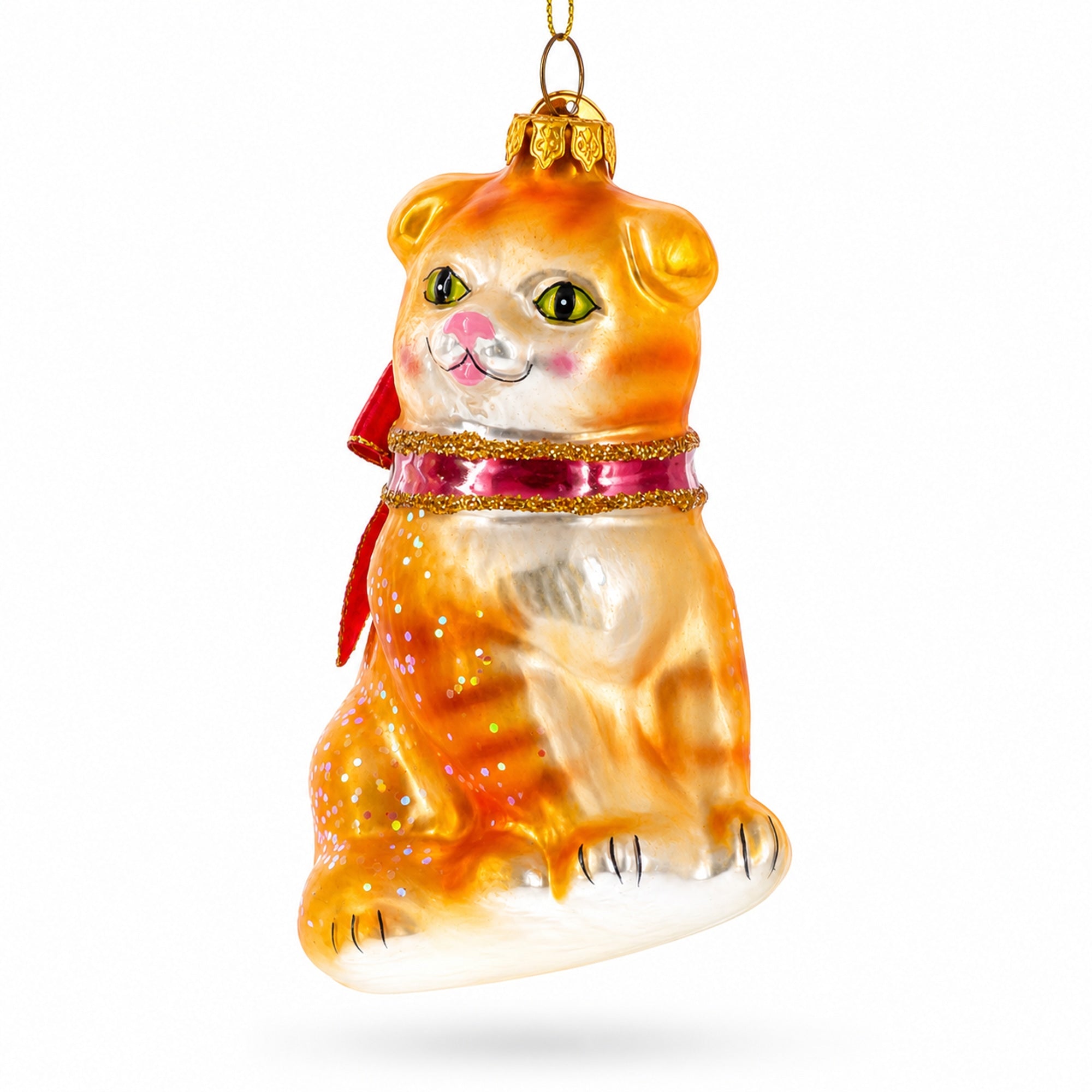 Glittered Orange Cat Glass Christmas Ornament