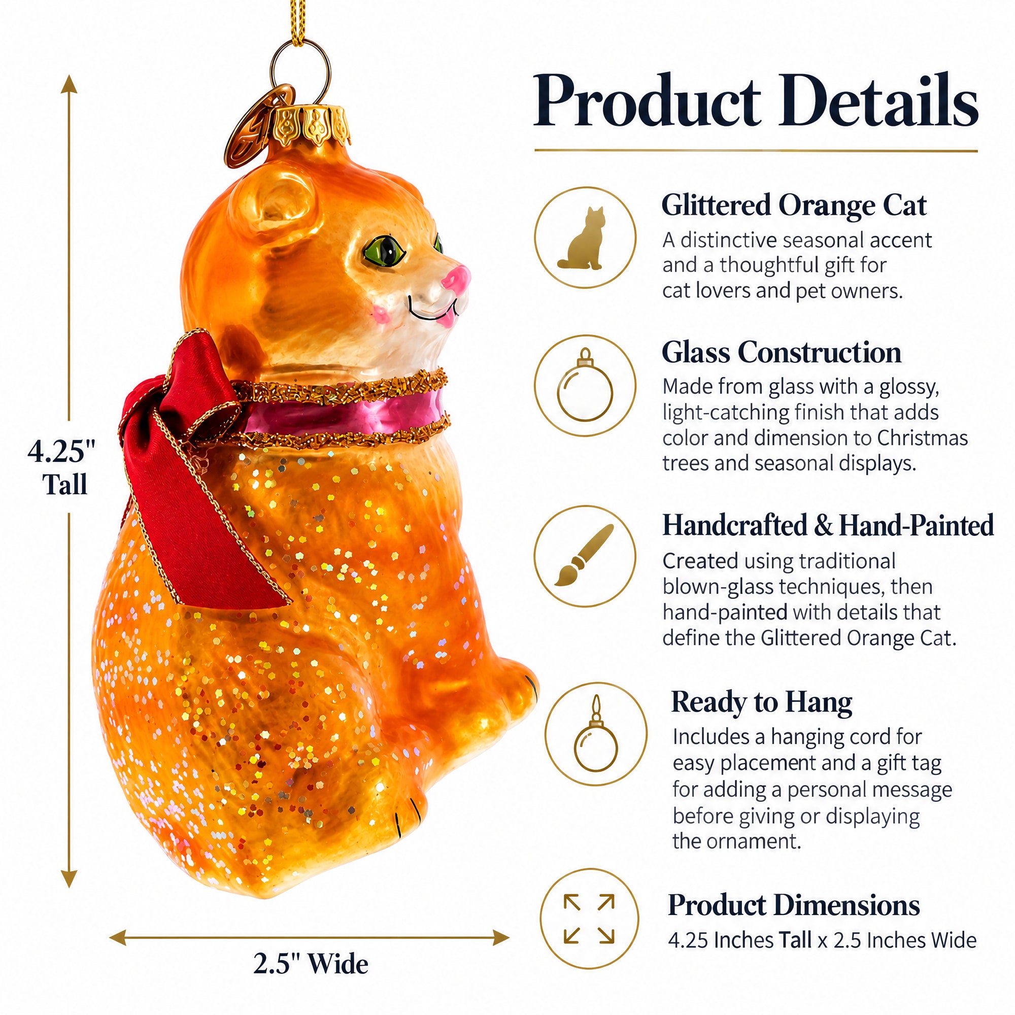 Glittered Orange Cat Glass Christmas Ornament