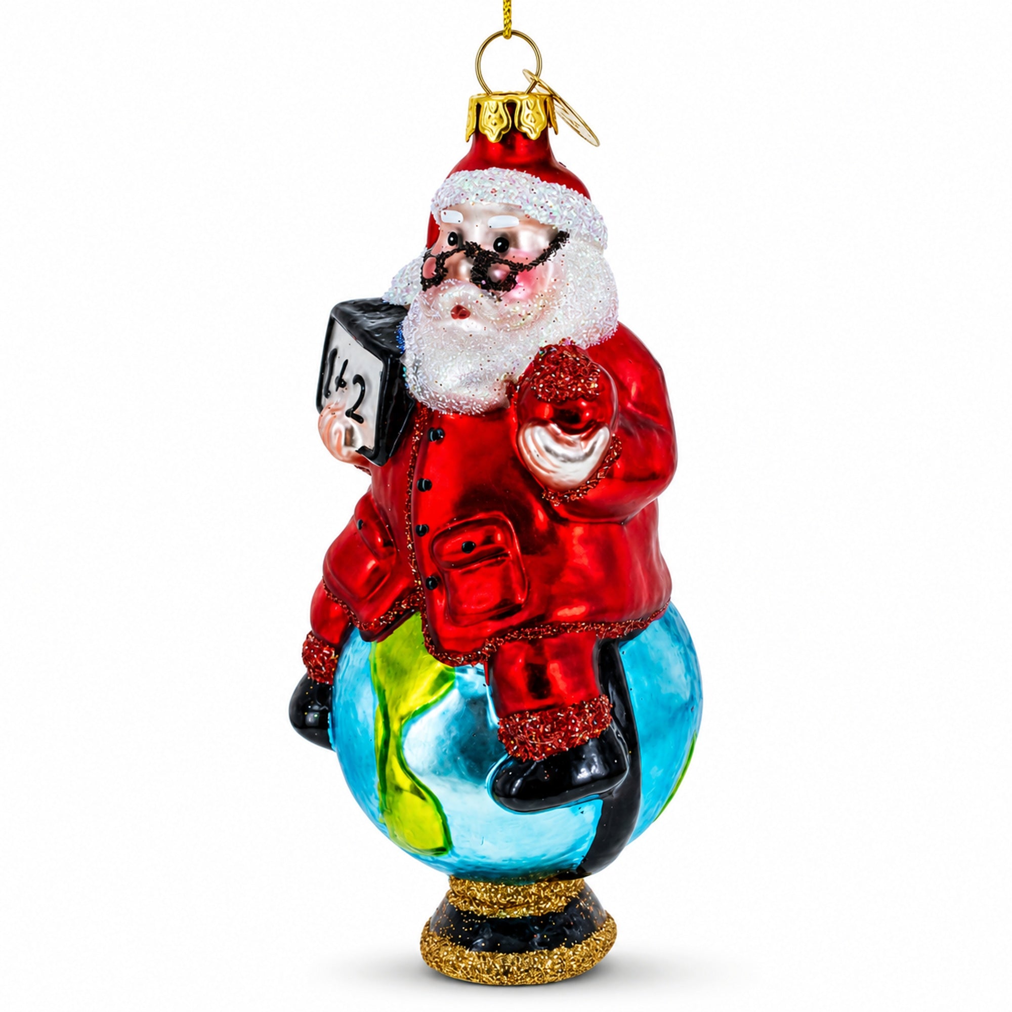 Teacher Santa on World Globe Glass Christmas Ornament