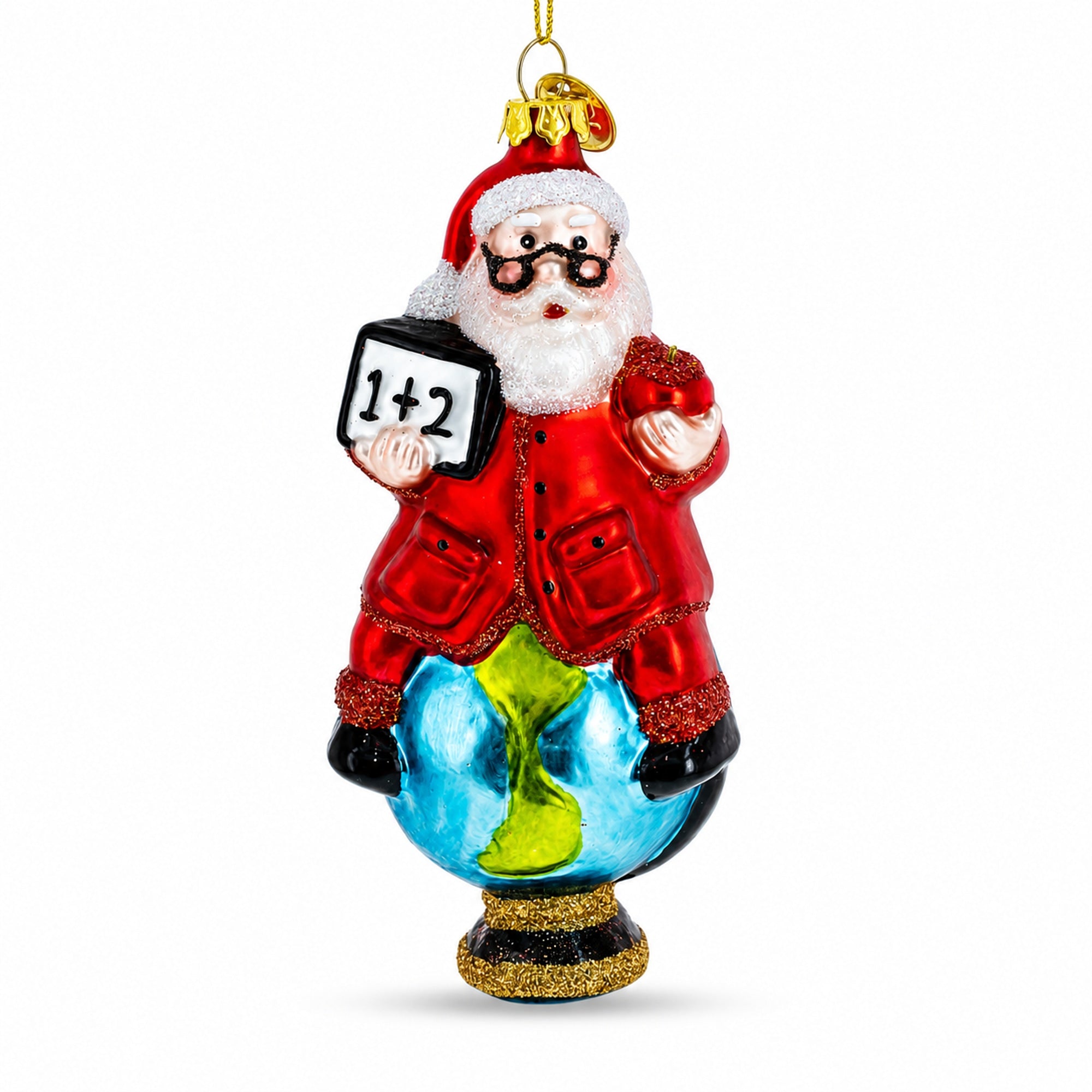 Teacher Santa on World Globe Glass Christmas Ornament