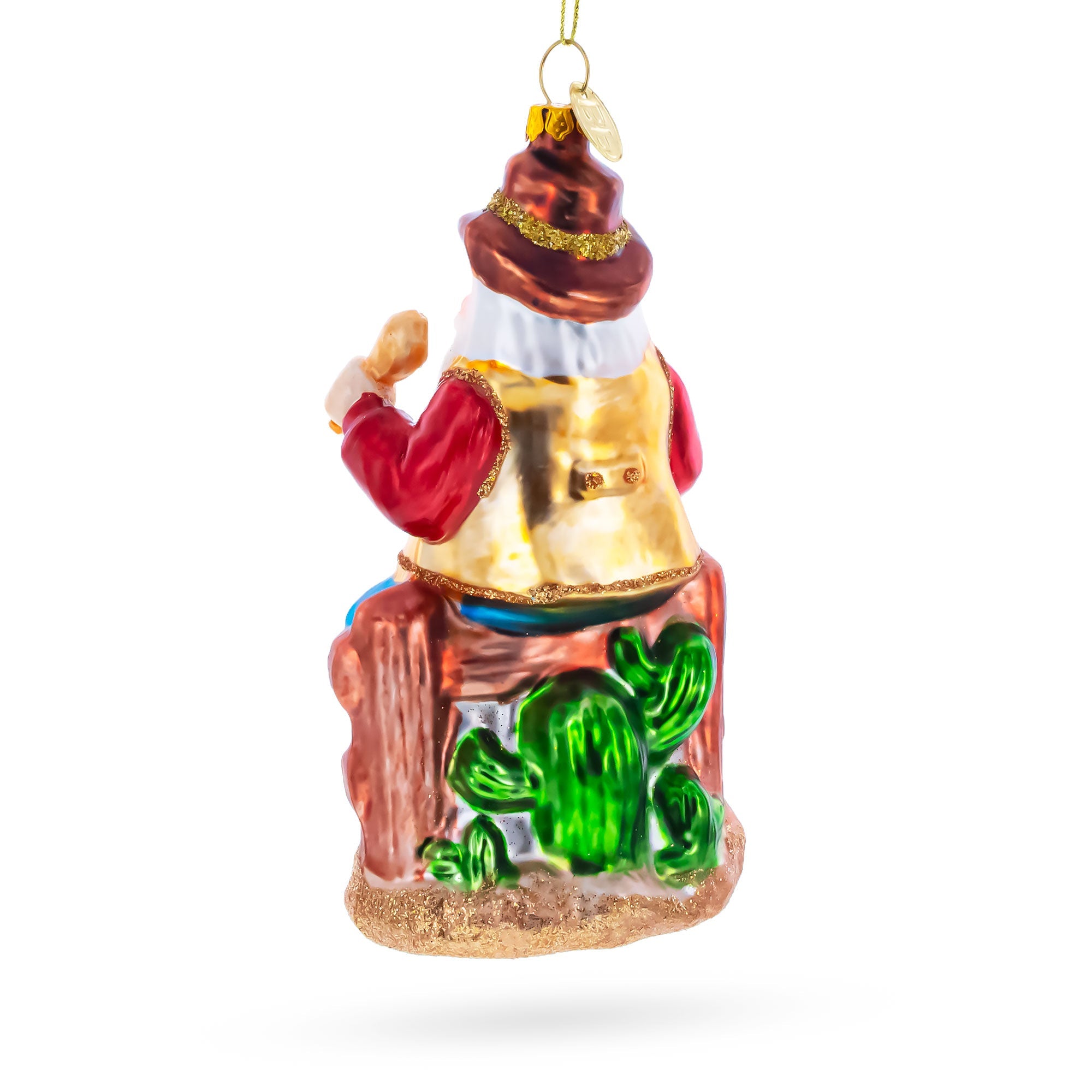 Cowboy Santa with Drink and Drumstick Glass Christmas Ornament